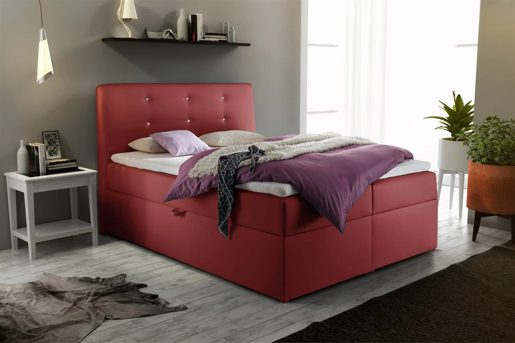 Boxspringbett Schlafzimmerbett MONZA Kunstleder Rot 160x200 cm - Fun Moebel
