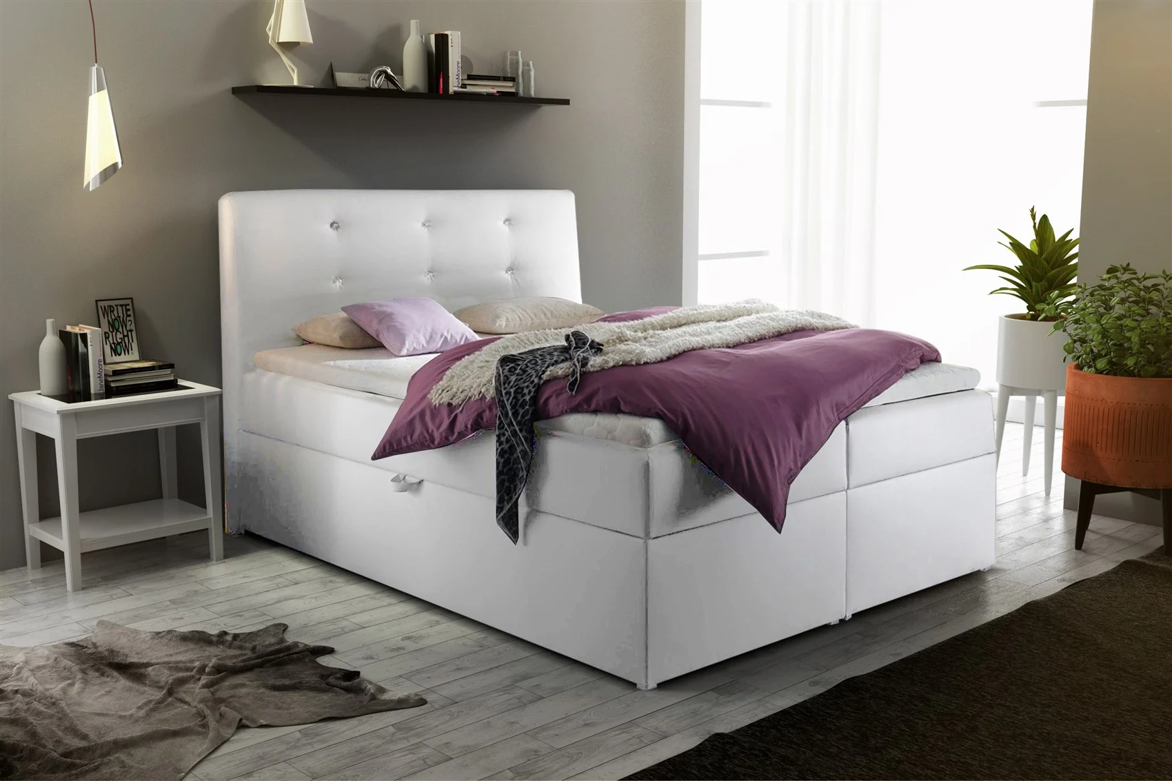 Boxspringbett Schlafzimmerbett MONZA Kunstleder Weiss 200x200 cm - Fun Moebel
