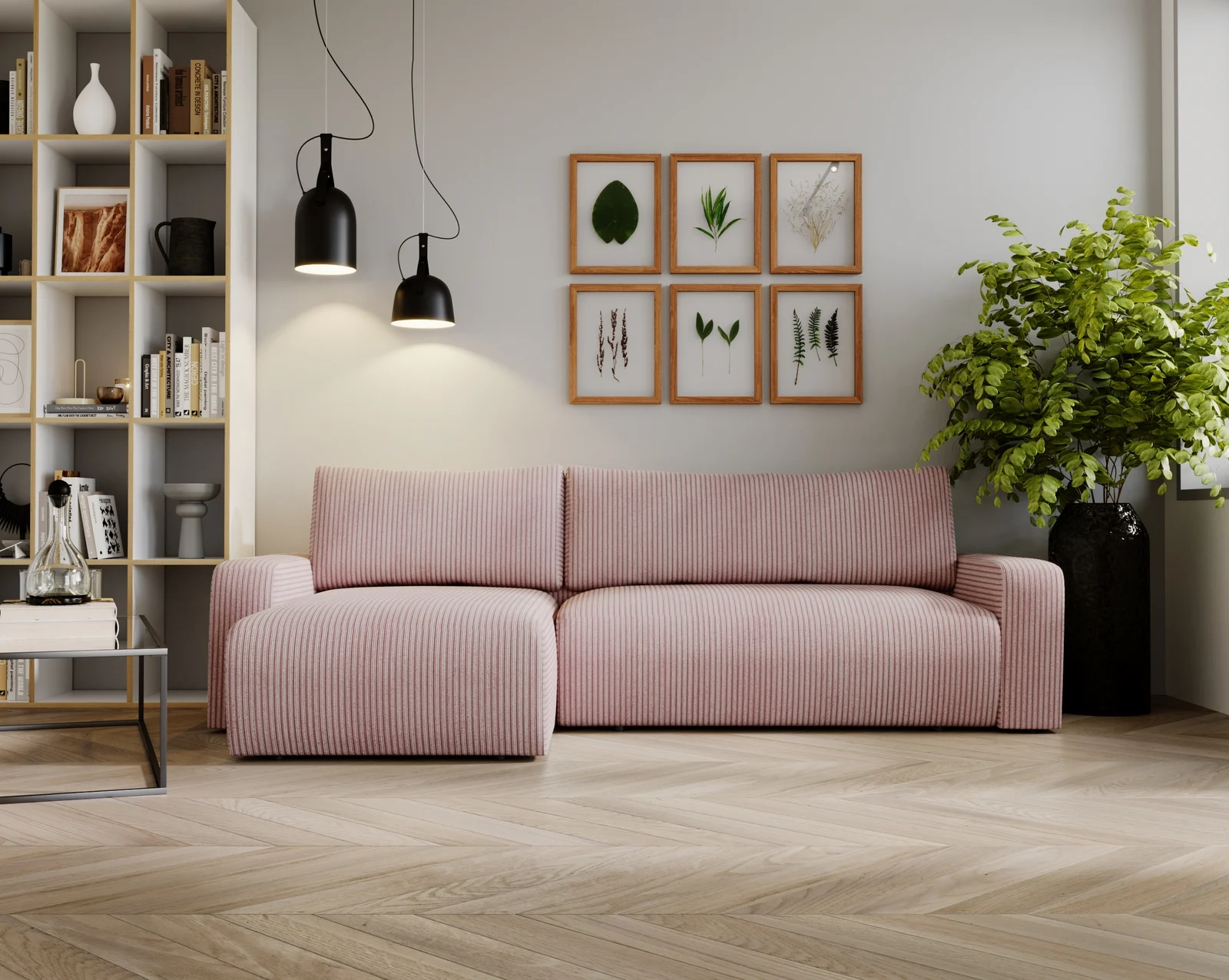 Ecksofa mit Schlaffunktion und Bettkasten, Couch L form, Schlaffunktion ARAGON Dicker Cord Rosa - Ecksofa Cord