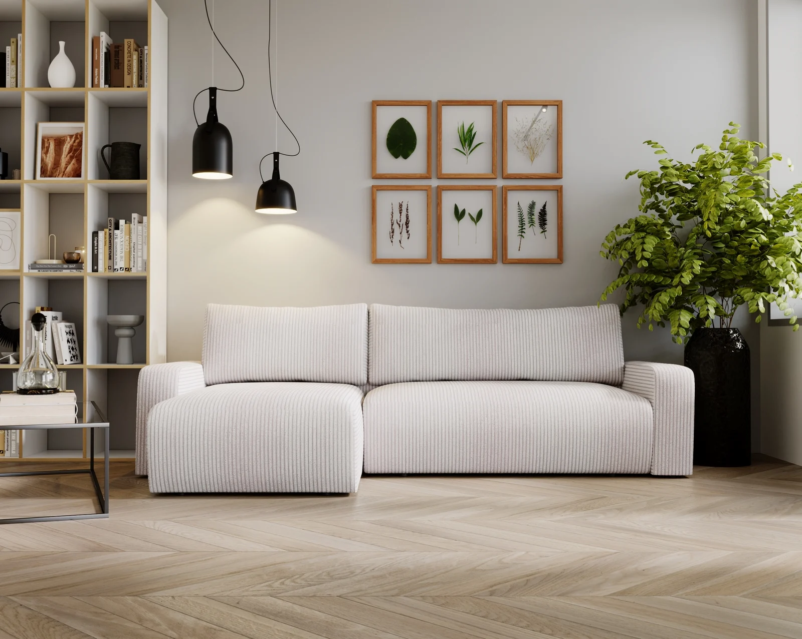 Ecksofa mit Schlaffunktion und Bettkasten, Couch L form, Schlaffunktion ARAGON Dicker Cord Ecru - Ecksofa Cord