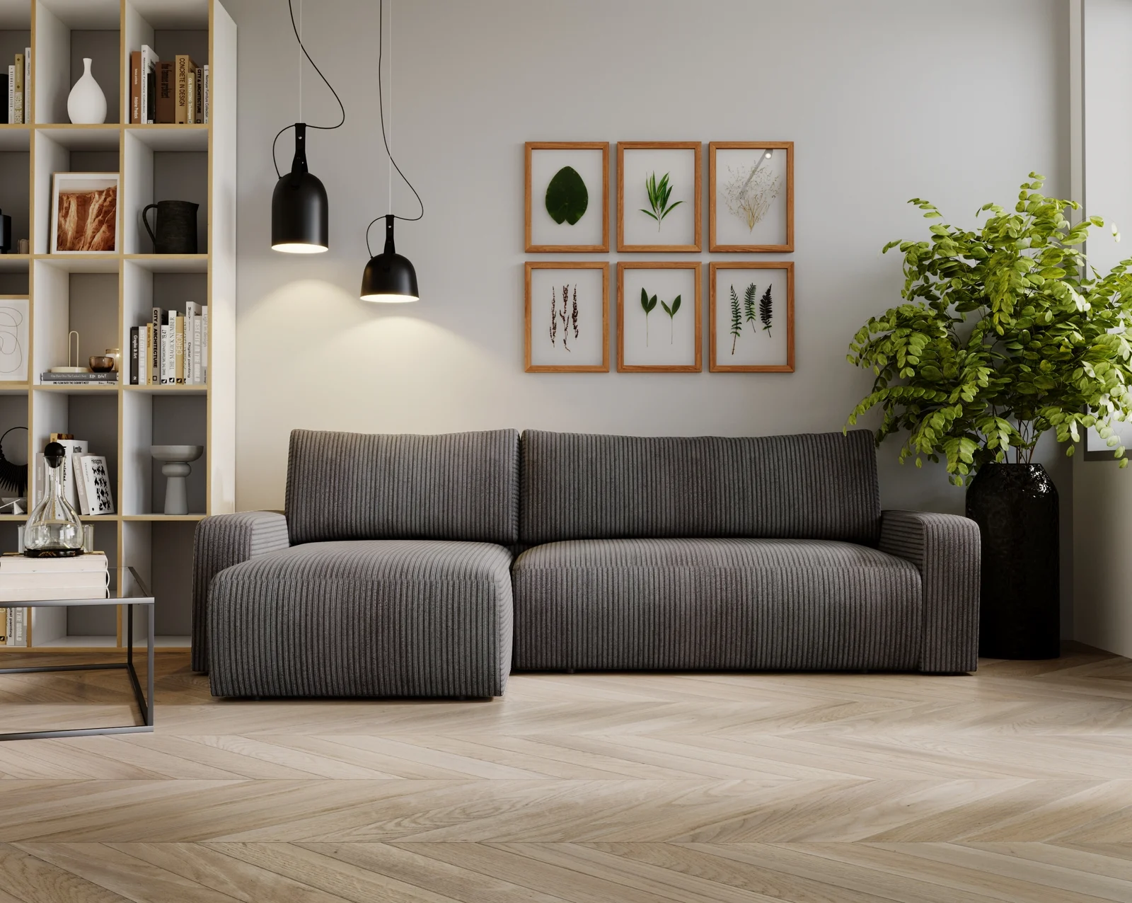 Ecksofa mit Schlaffunktion und Bettkasten, Couch L form, Schlaffunktion ARAGON Dicker Cord Dunkelgrau - Ecksofa Cord