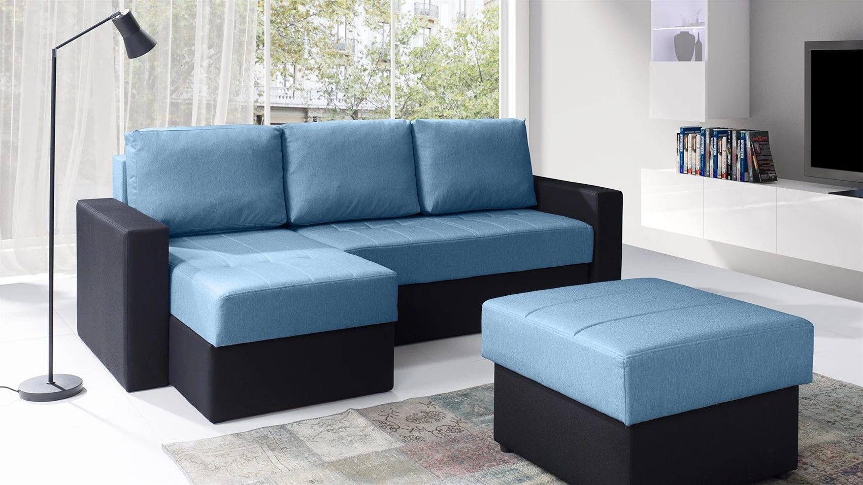 Ecksofa Schlafsofa LABRI inkl.Hocker Schwarz / Hellblau Ottomane Links - Fun Moebel