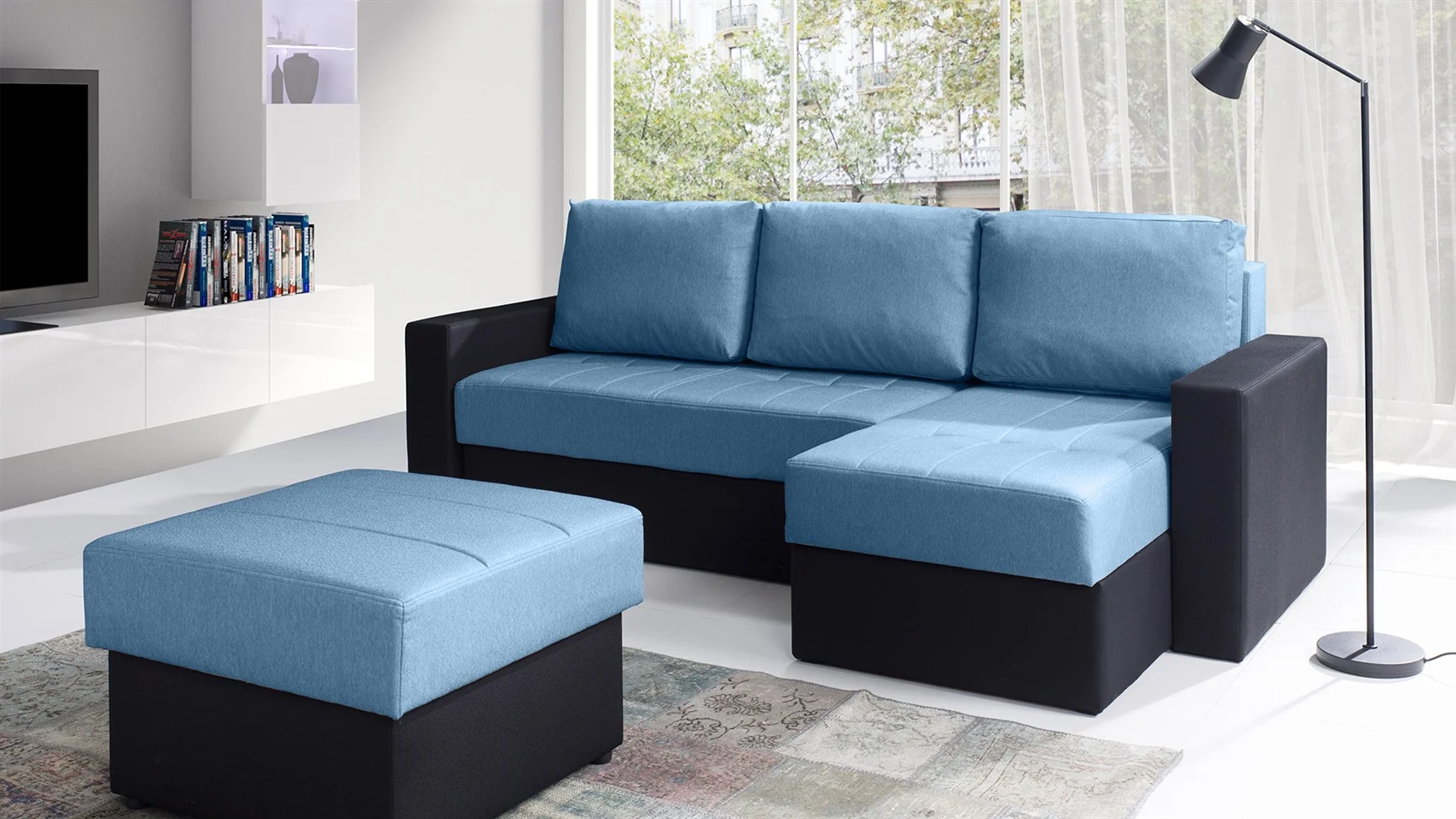 Ecksofa Schlafsofa LABRI inkl.Hocker Schwarz/ Hellblau Ottomane Rechts - Fun Moebel