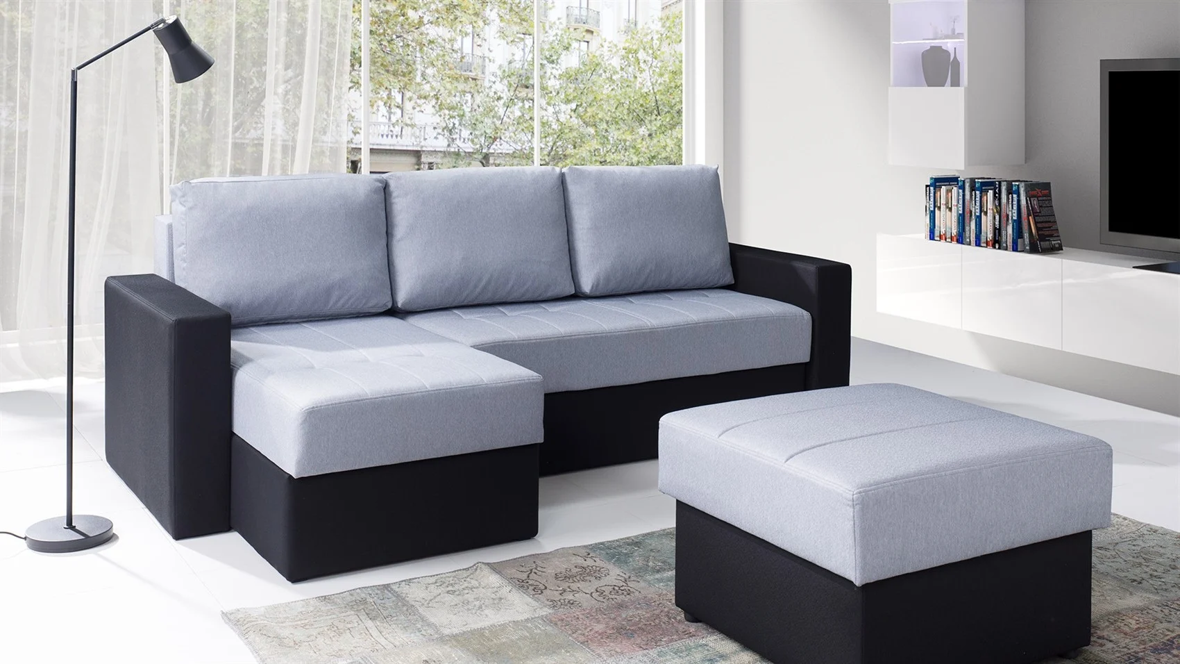 Ecksofa Schlafsofa LABRI inkl.Hocker Schwarz/ Hellgrau Ottomane Links - Fun Moebel
