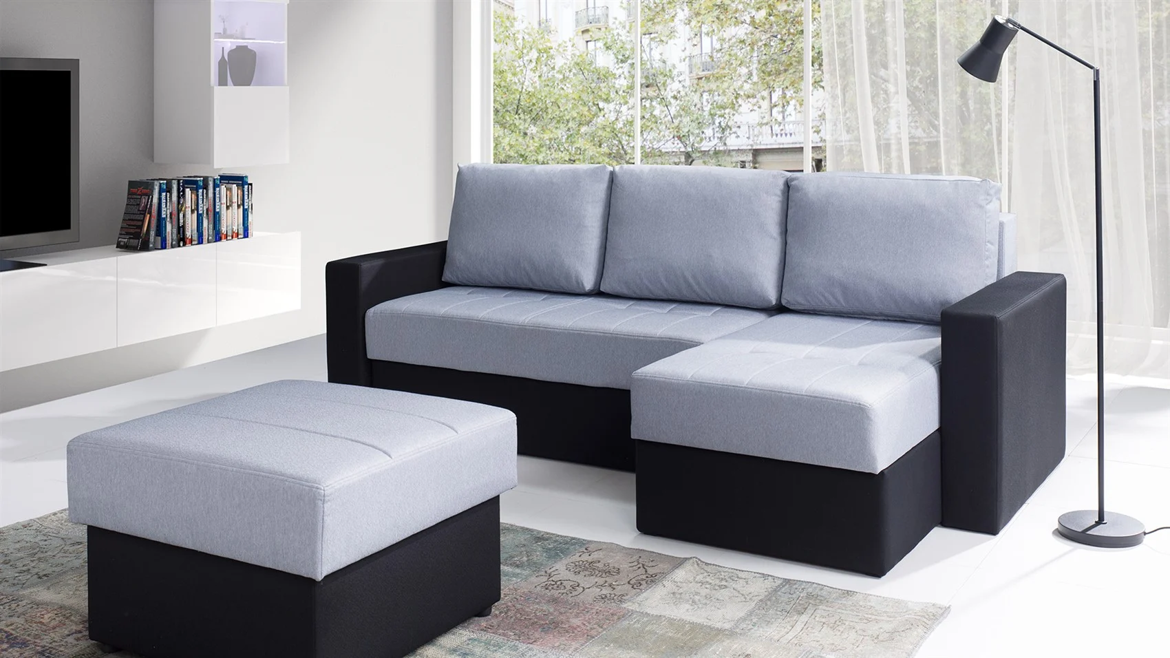 Ecksofa Schlafsofa LABRI inkl.Hocker Schwarz/ Hellgrau Ottomane Rechts - Fun Moebel