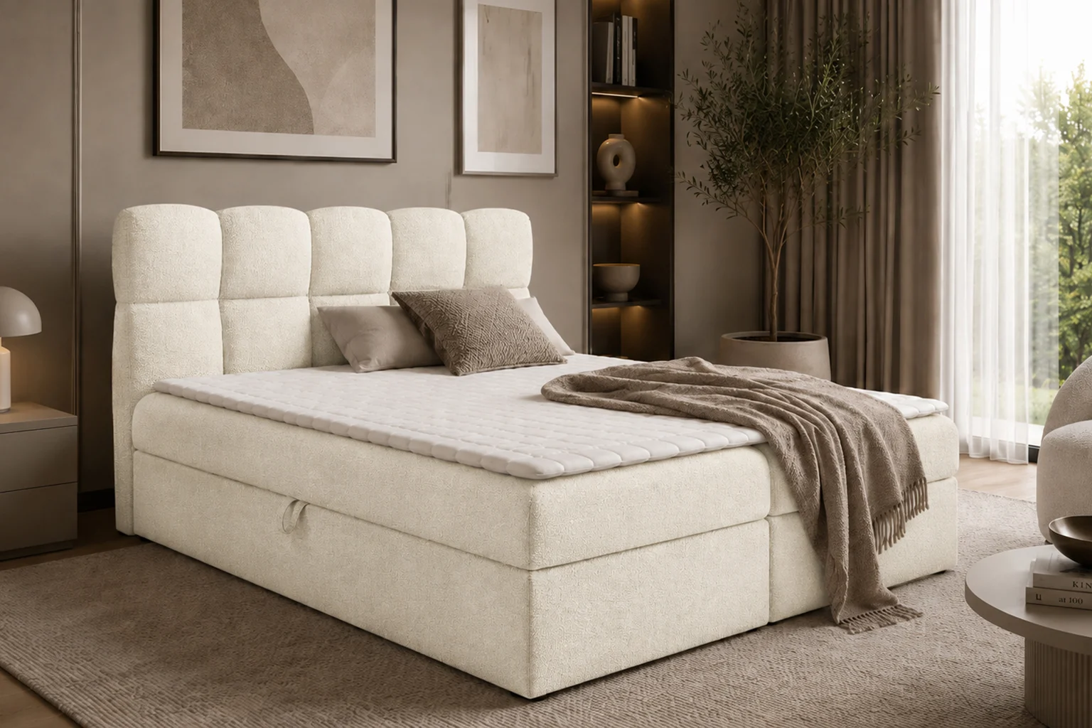 Boxspringbett mit 2 Bettkästen, Bonellfederkernmatratze und Topper im Bouclé-Stoff Coral, NEGROS