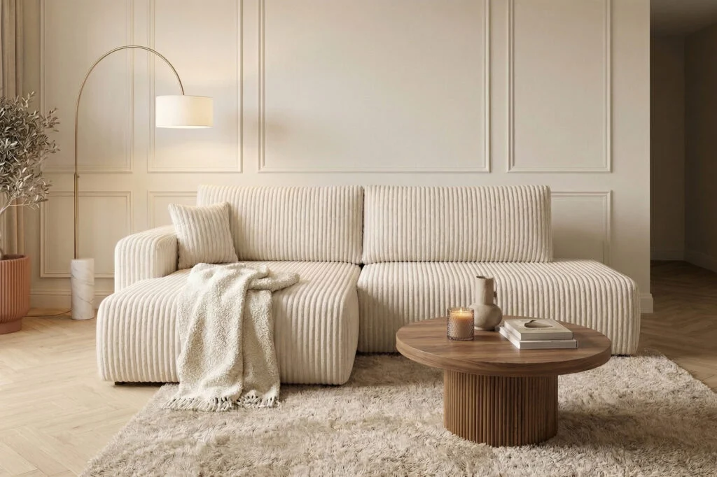 Ecksofa mit Schlaffunktion und Bettkasten, Cordstoff Tilia, OPEN XL