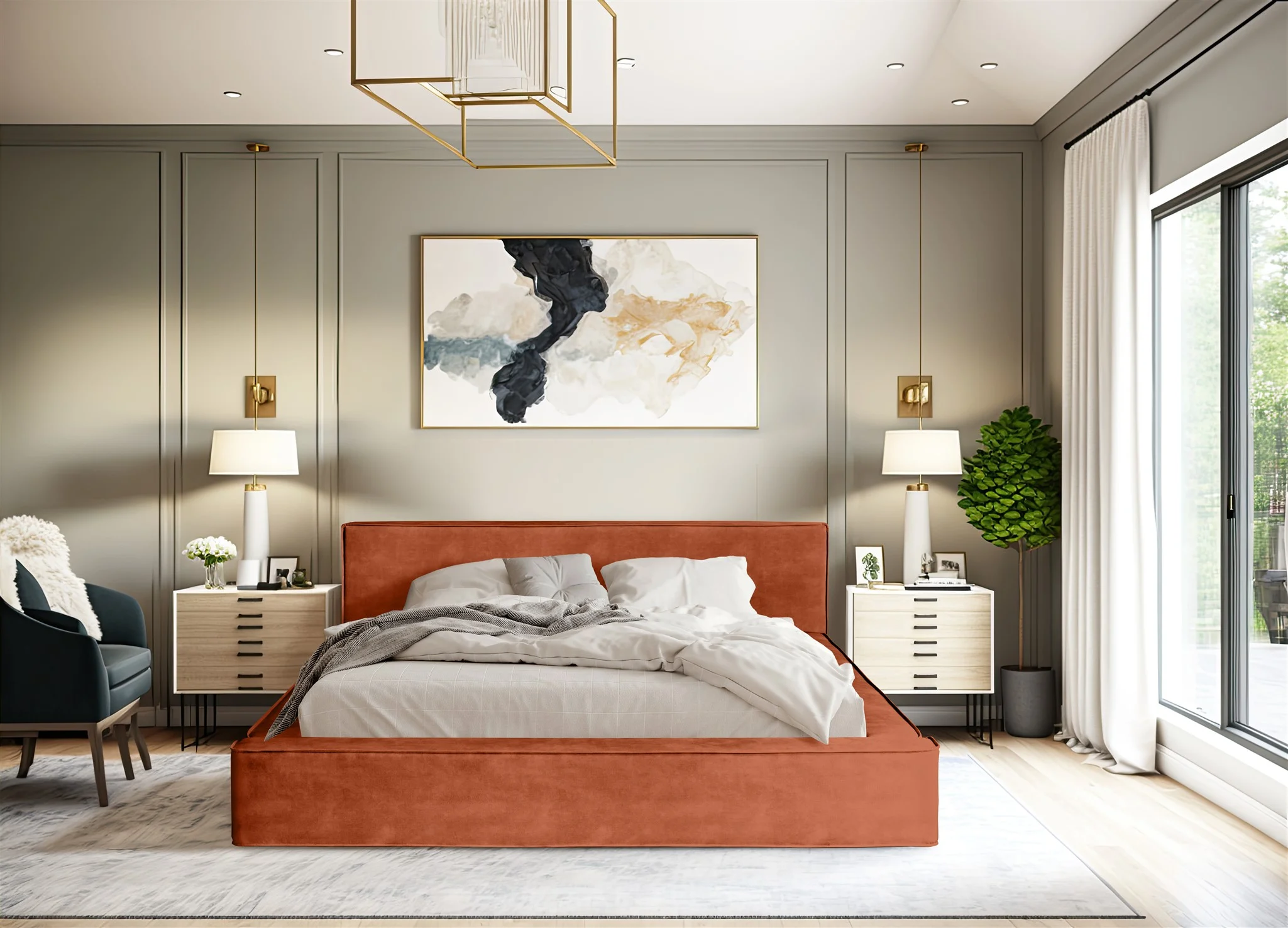 Polsterbett Doppelbett OMAHA 140x200cm in Stoff Macau Ziegelrot - Fun Möbel