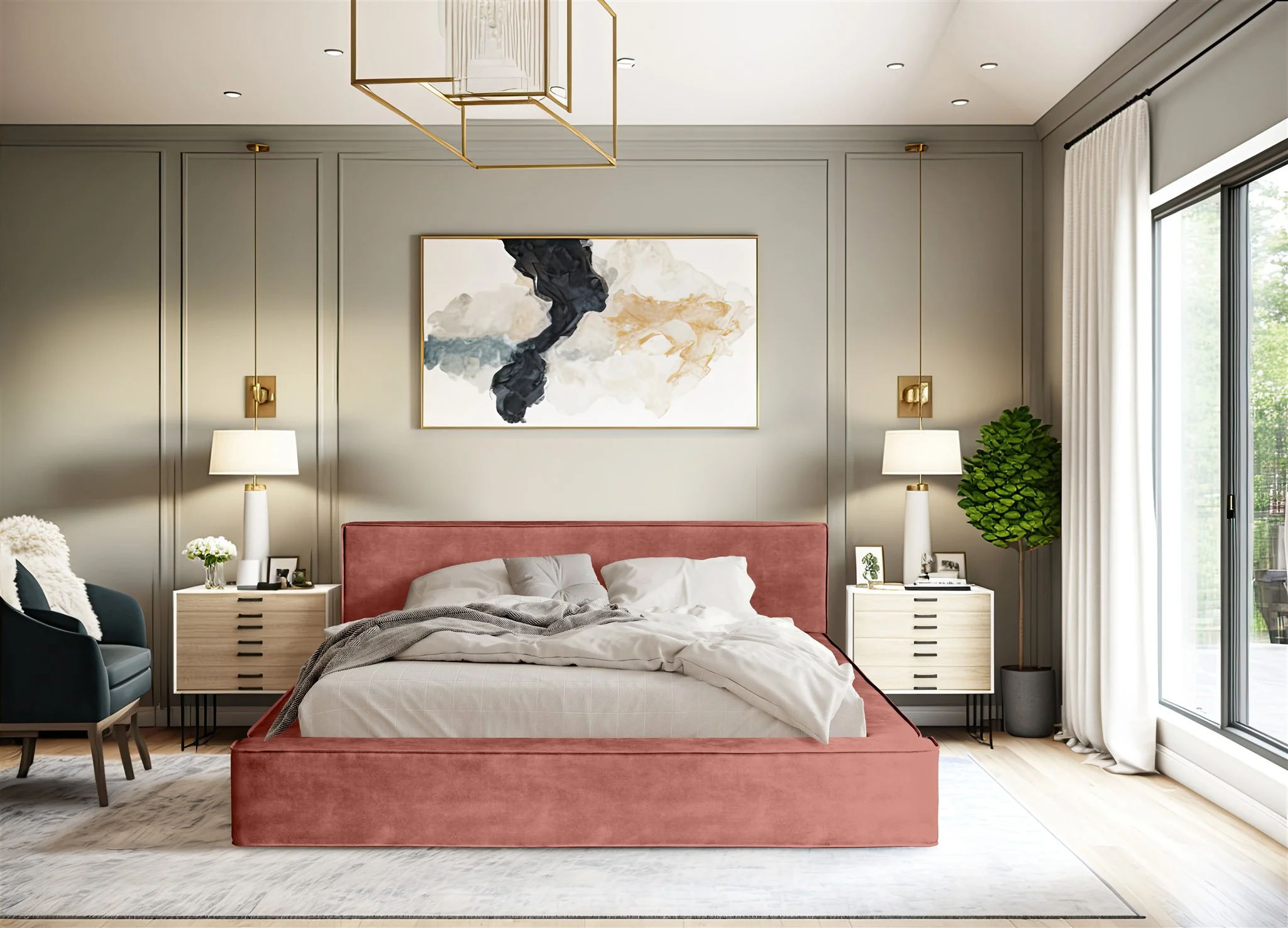 Polsterbett Doppelbett OMAHA 140x200cm in Stoff Macau Koralle - Fun Möbel