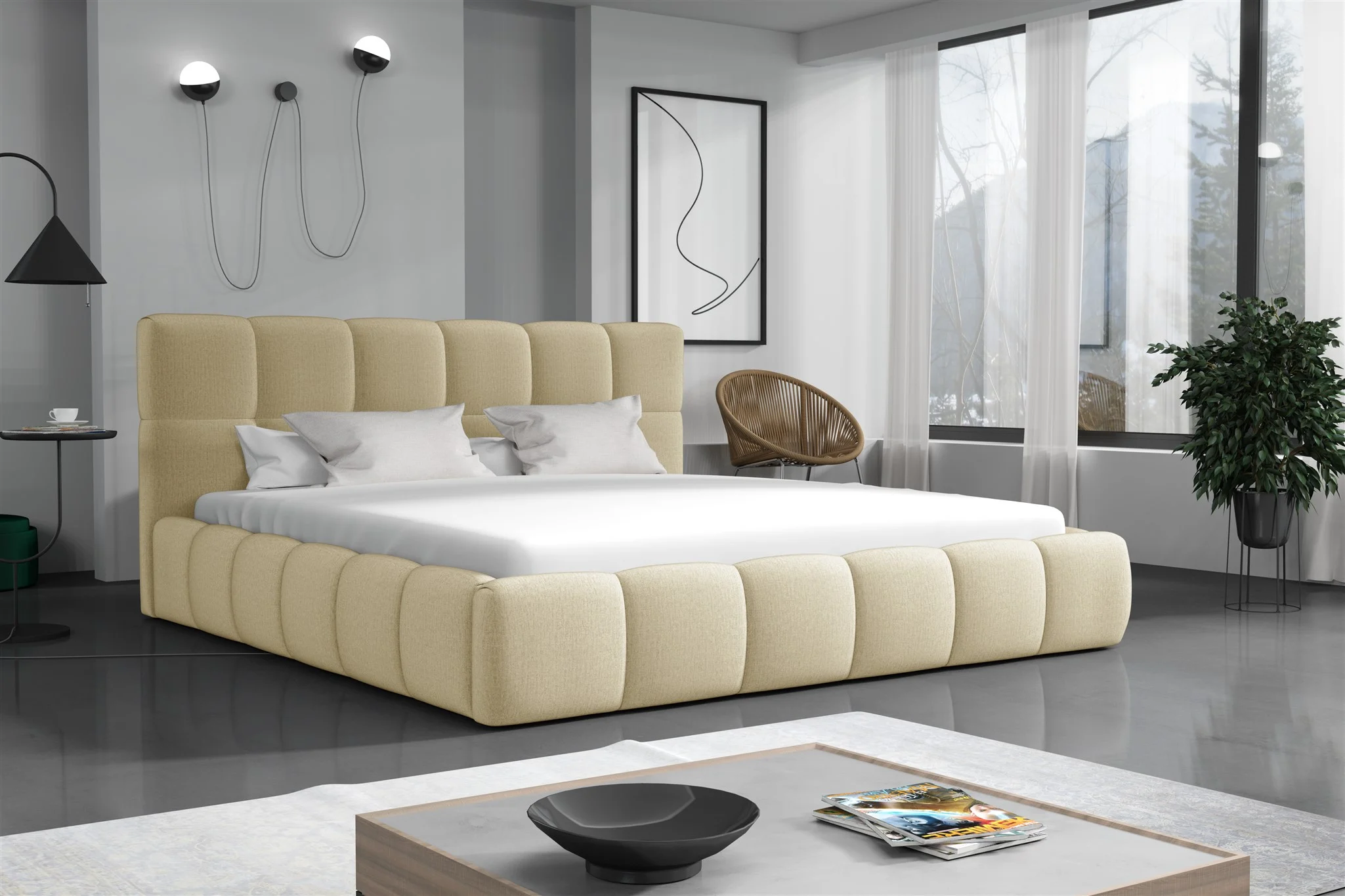Polsterbett Doppelbett GIOTTO Komplettset 140x200cm Stoff Monolith Creme - Fun Möbel