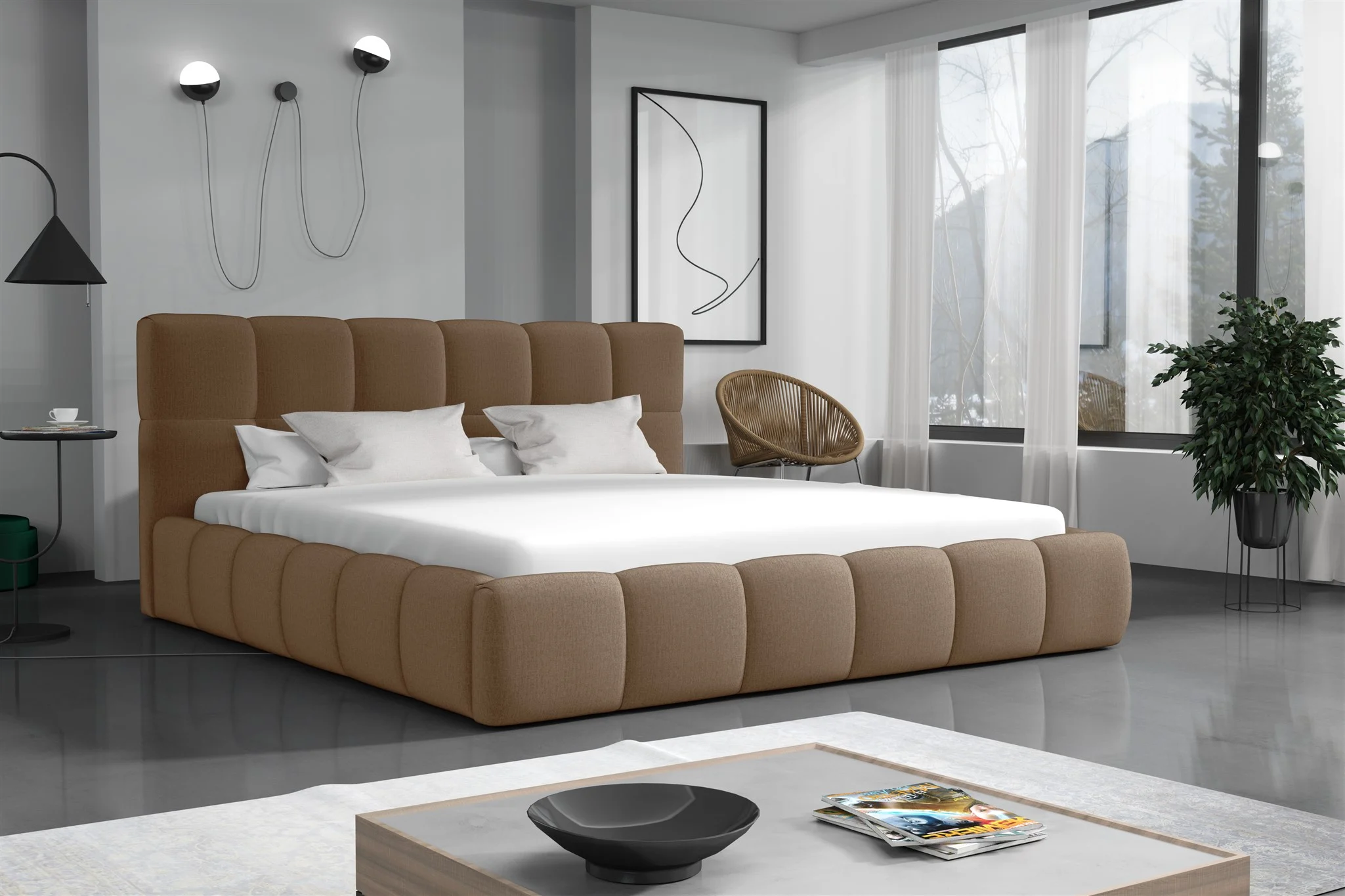Polsterbett Doppelbett GIOTTO Komplettset 140x200cm Stoff Monolith Braun - Fun Möbel