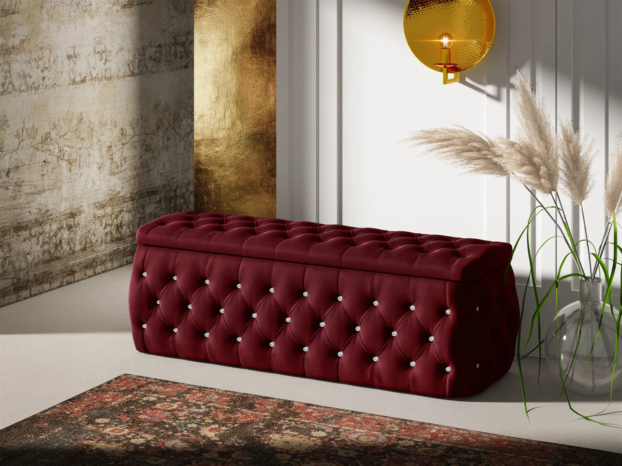 Polsterhocker mit Stauraum Betthocker SEVRA 120x50x45 cm Elisa Velvet Bordeauxrot - Fun Möbel