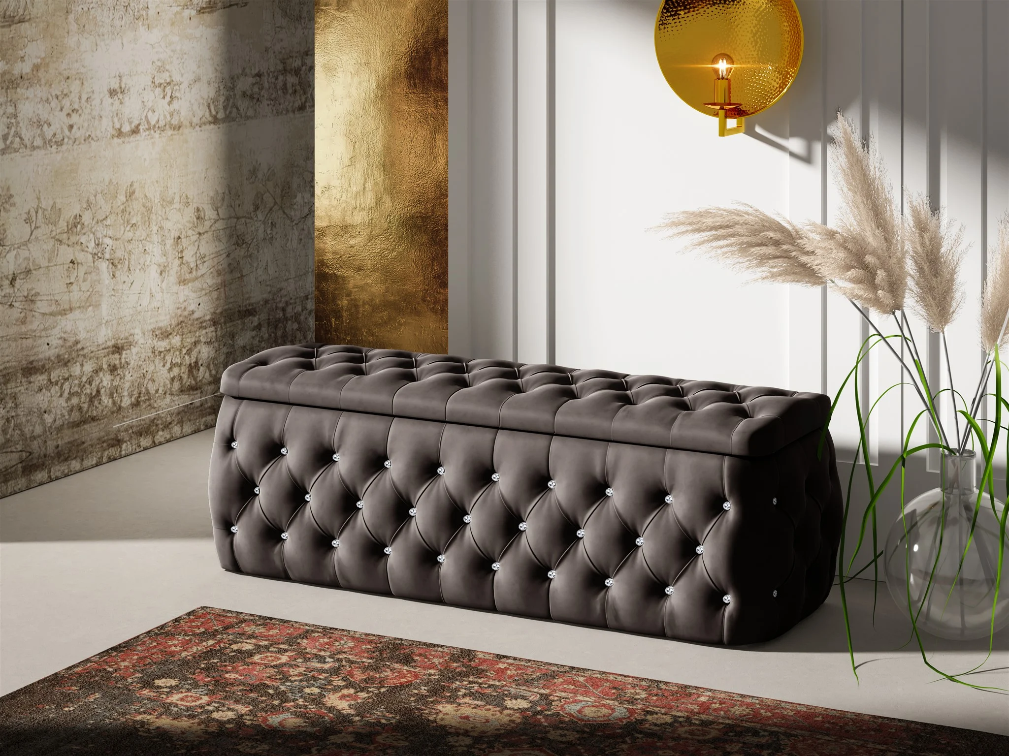 Polsterhocker mit Stauraum Betthocker SEVRA 160x50x45 cm Elisa Velvet Schwarz - Fun Möbel