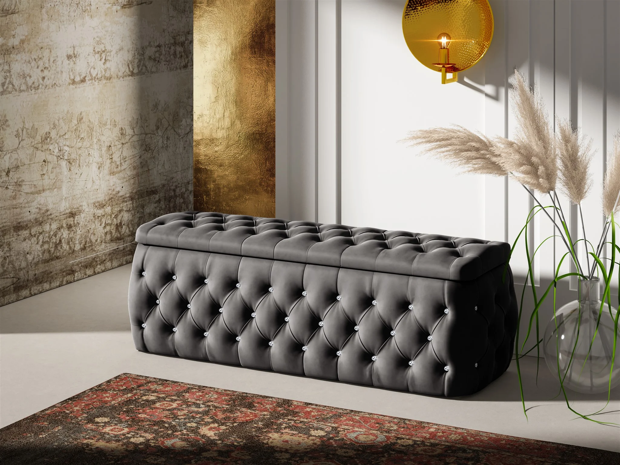 Polsterhocker mit Stauraum Betthocker SEVRA 120x50x45 cm Elisa Velvet Anthrazit - Fun Möbel