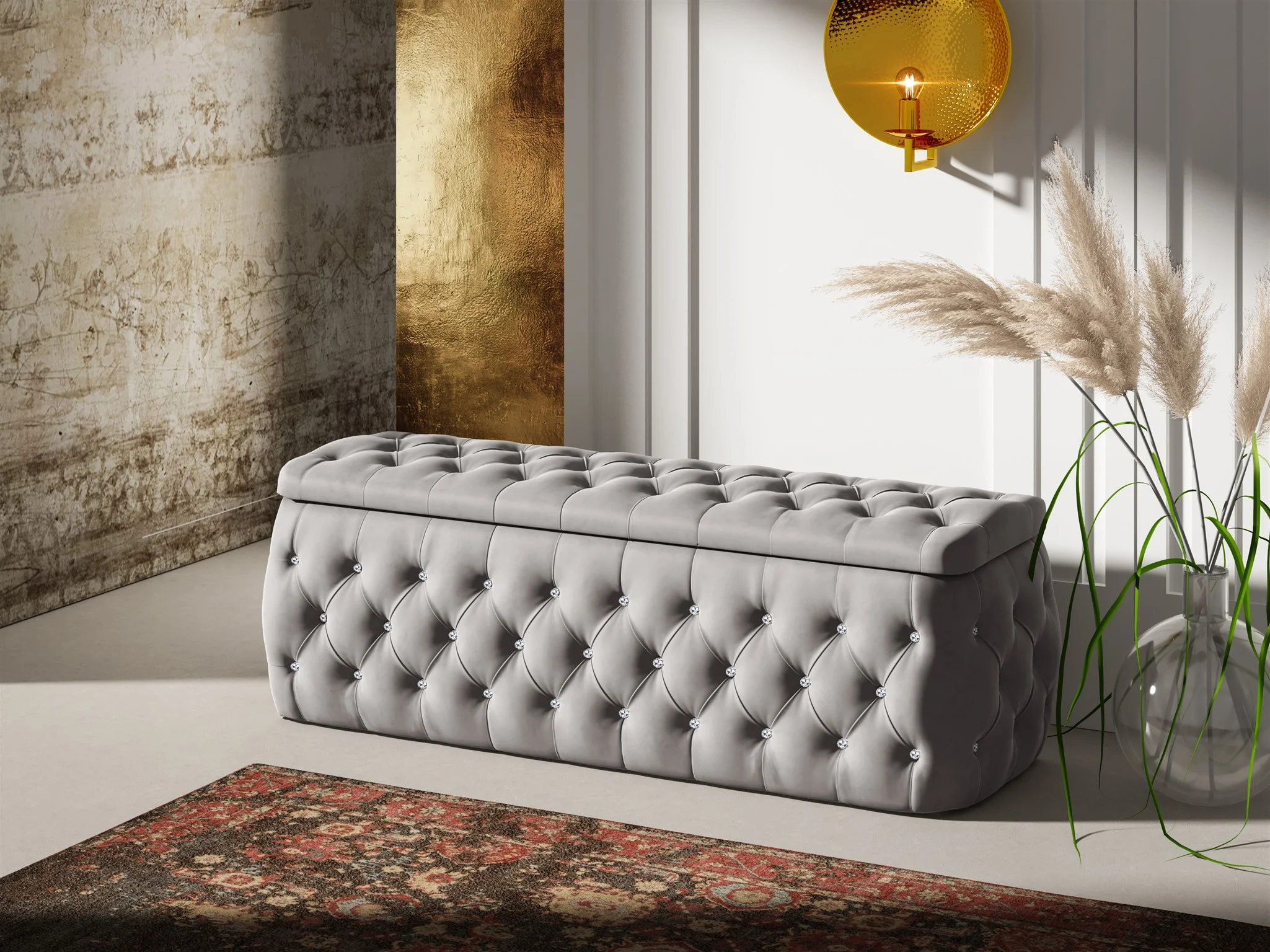 Polsterhocker mit Stauraum Betthocker SEVRA 120x50x45 cm Elisa Velvet Hellgrau - Fun Möbel