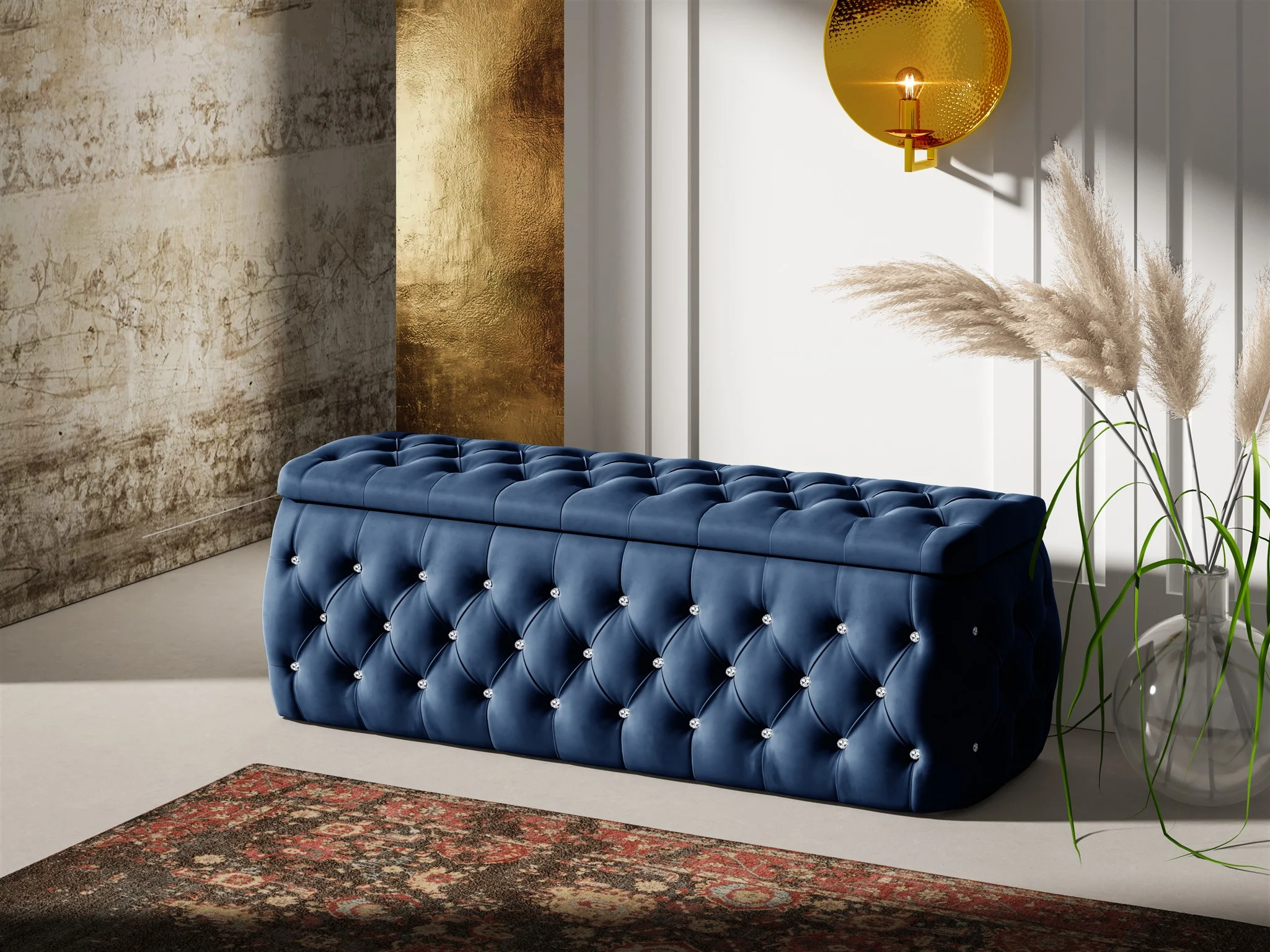 Polsterhocker mit Stauraum Betthocker SEVRA 120x50x45 cm Elisa Velvet Blau - Fun Möbel