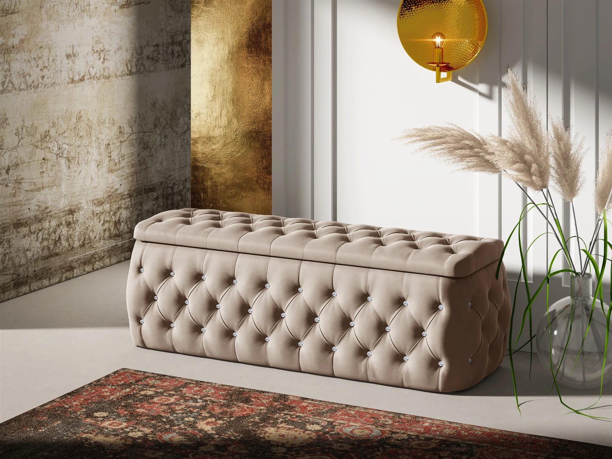 Polsterhocker mit Stauraum Betthocker SEVRA 120x50x45 cm Elisa Velvet Beige - Fun Möbel