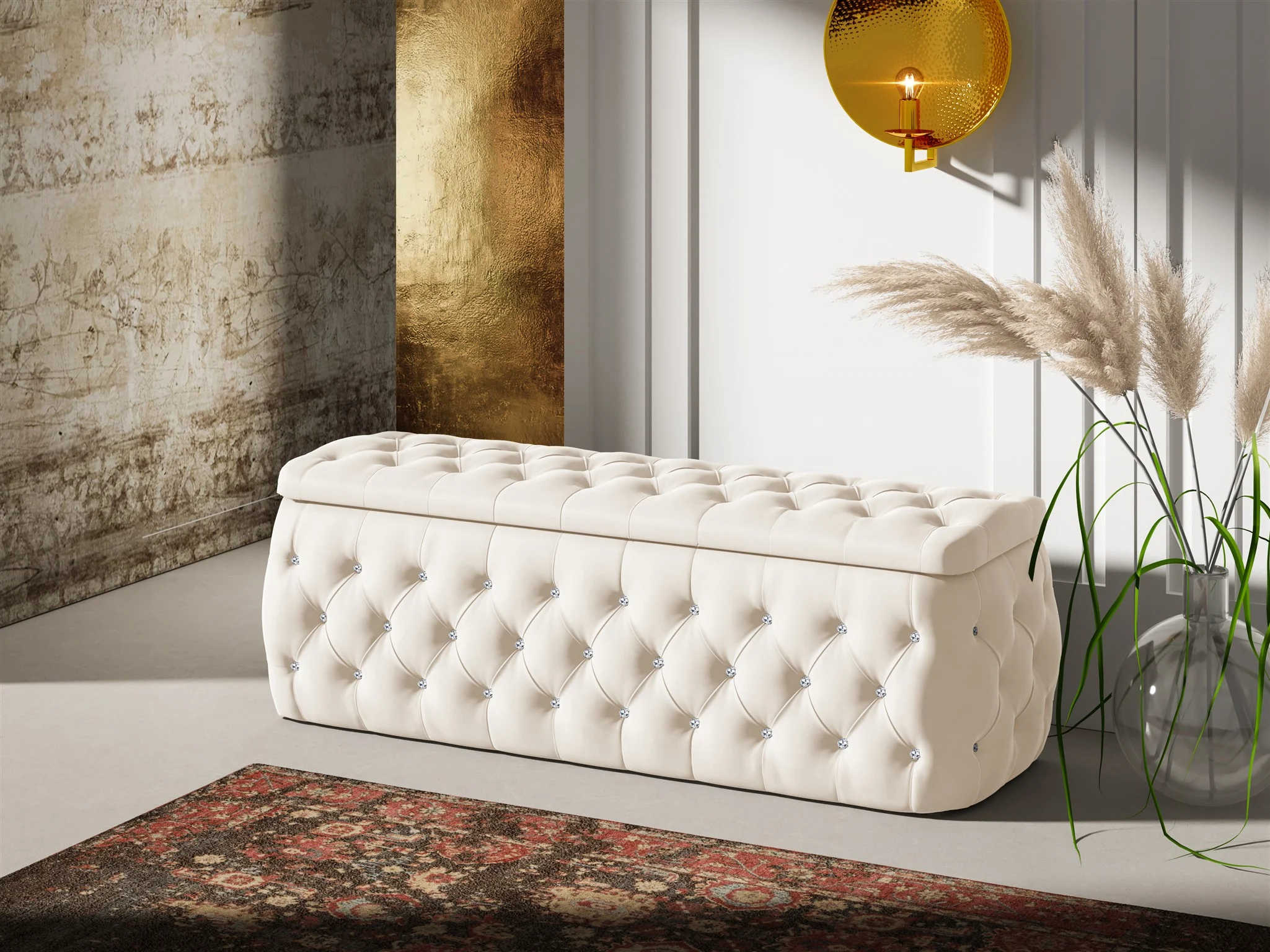 Polsterhocker mit Stauraum Betthocker SEVRA 120x50x45 cm Elisa Velvet Cremeweiss - Fun Möbel