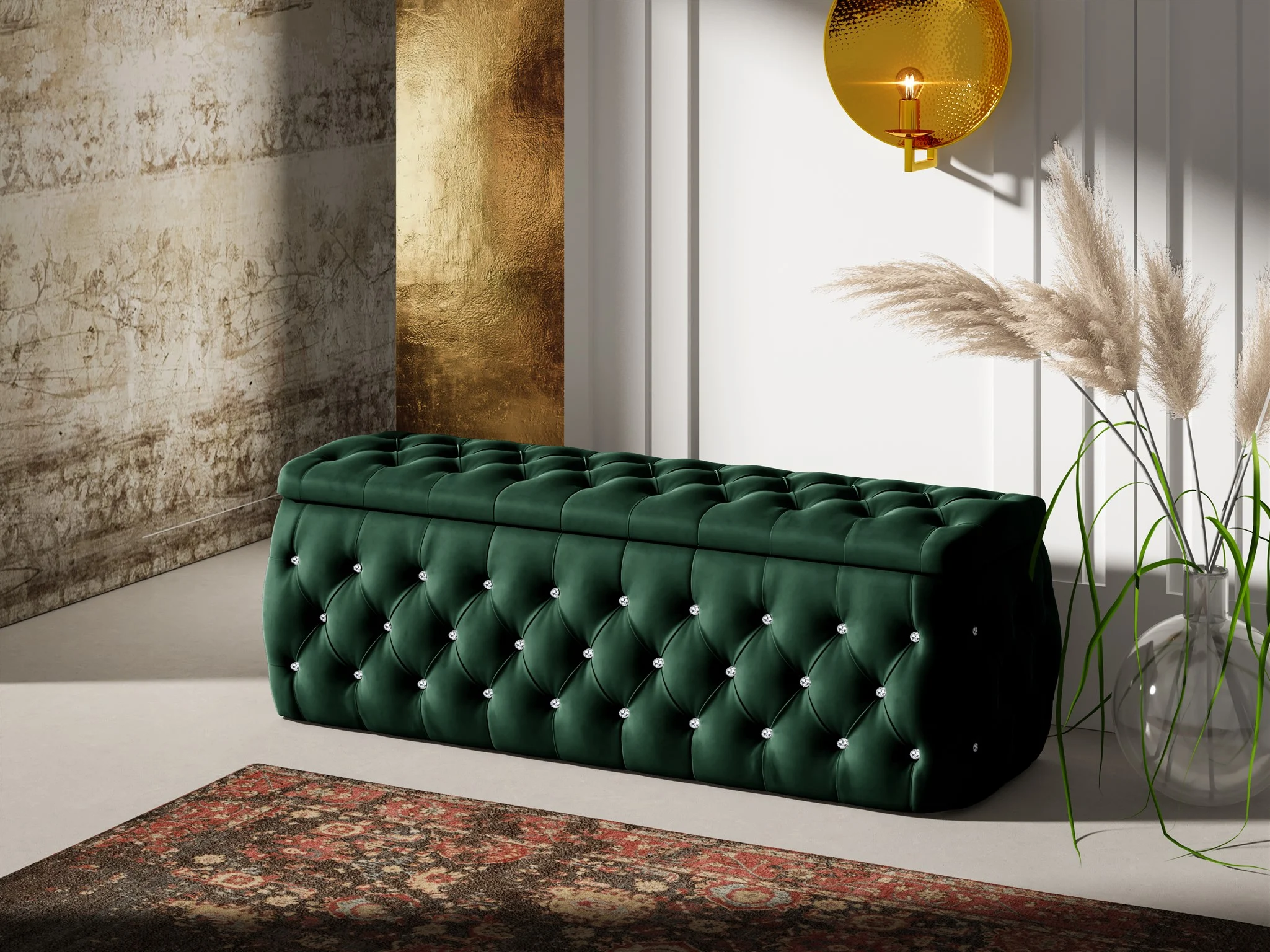 Polsterhocker mit Stauraum Betthocker SEVRA 120x50x45 cm Elisa Velvet Dunkelgrün - Fun Möbel