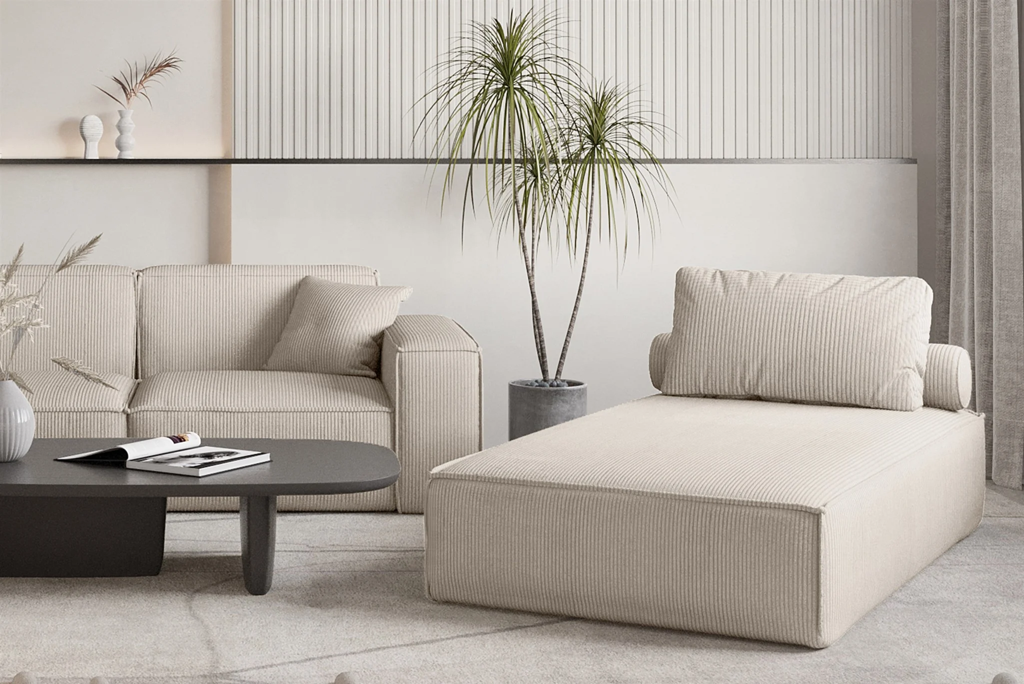 Chaiselongue Sezlong Liege CELES PREMIUM in Stoff Scala Hellbeige - Fun Möbel