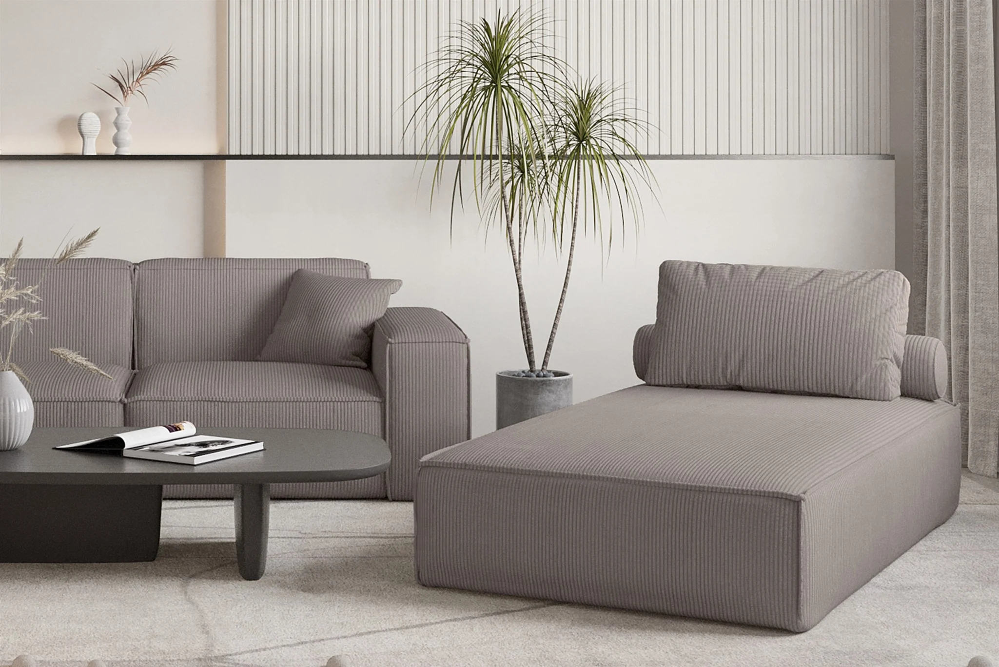 Chaiselongue Sezlong Liege CELES PREMIUM in Stoff Scala Taupe - Fun Möbel
