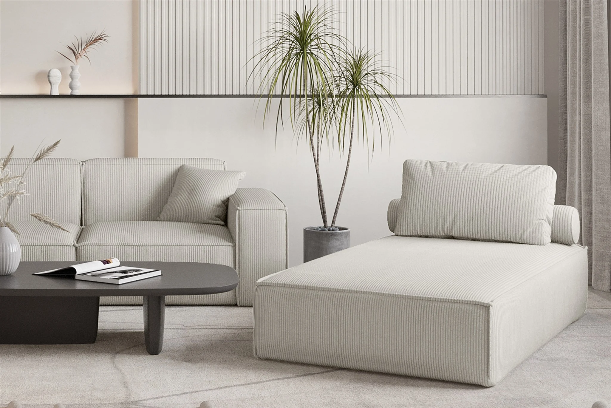 Chaiselongue Sezlong Liege CELES PREMIUM in Stoff Scala Sandgrau - Fun Möbel