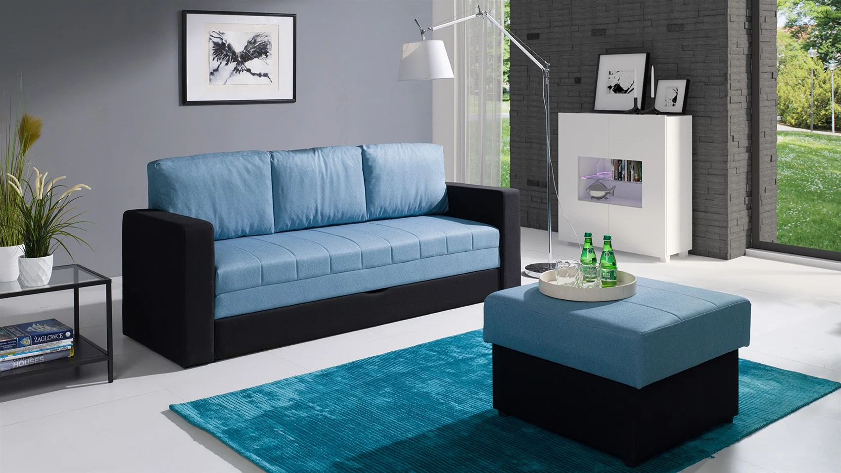 Sofa Schlafsofa LABRI 3-Sitzer inkl.Hocker Schwarz/ Hellblau