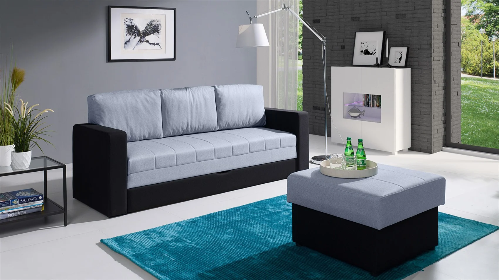 Sofa Schlafsofa LABRI 3-Sitzer inkl.Hocker Schwarz/ Hellgrau