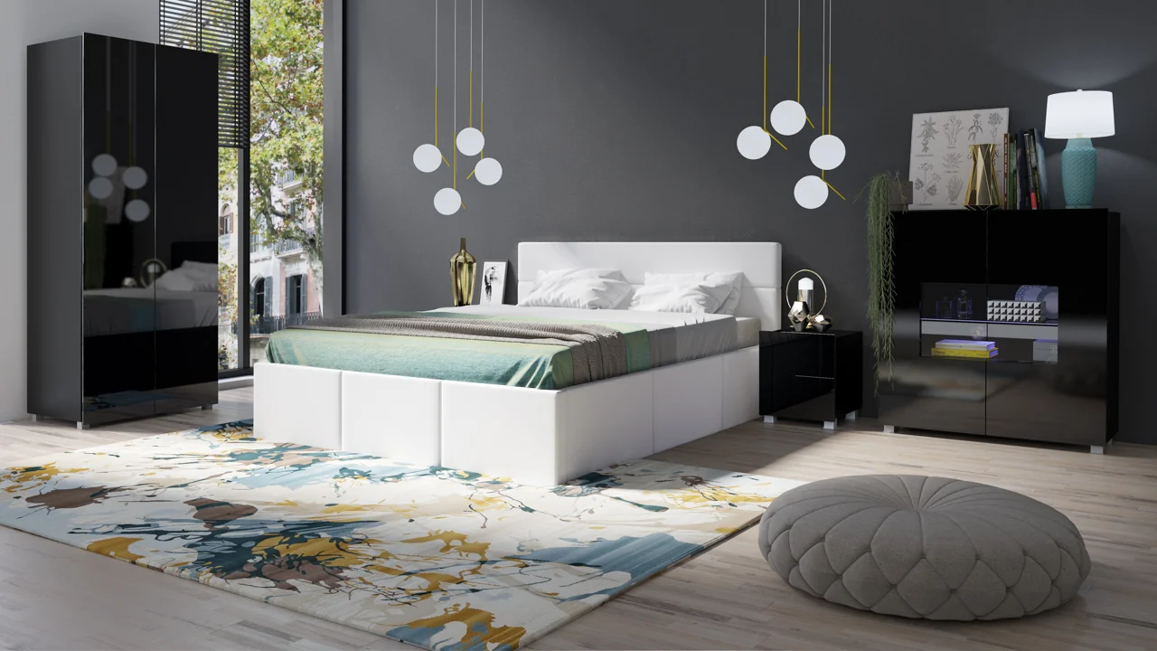 Schlafzimmer Komplett Set 5 tlg LABRI Weiss- Schwarz Hochglanz