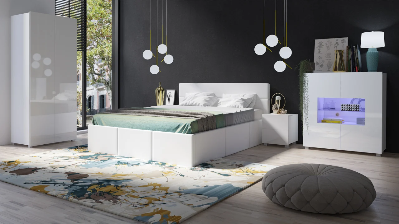 Schlafzimmer Komplett Set 5 tlg LABRI Weiss- Weiss Hochglanz