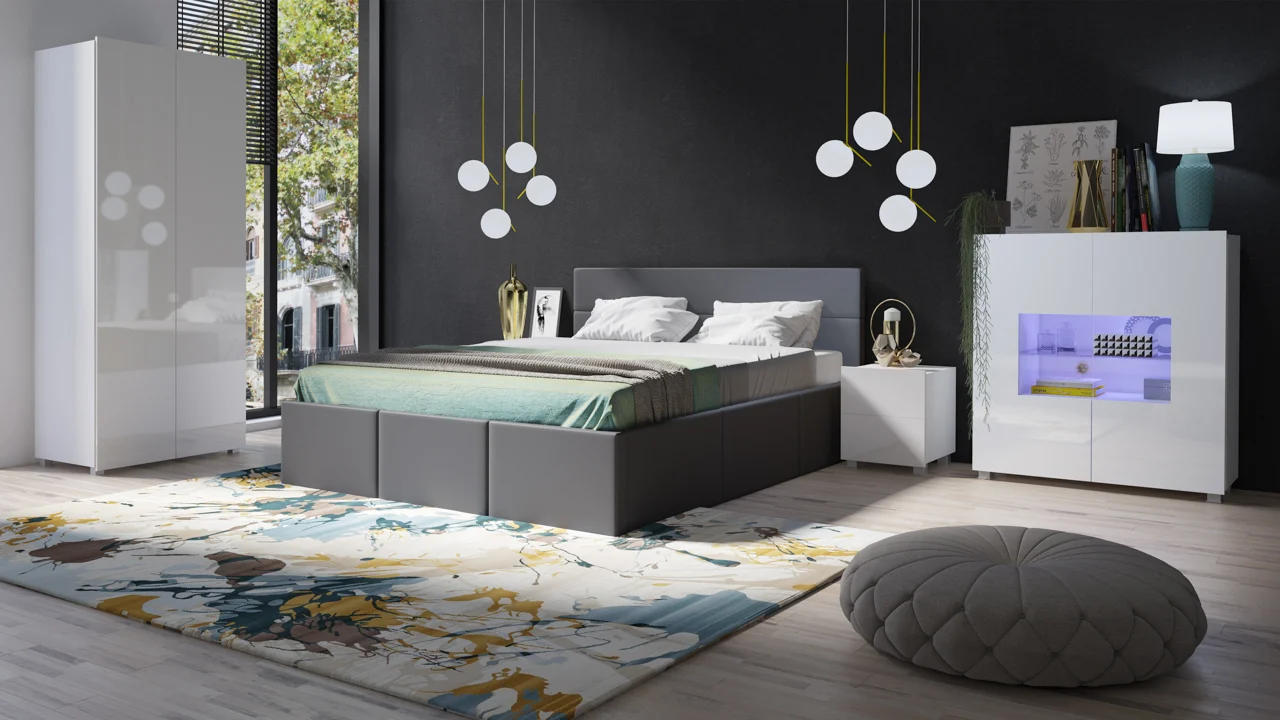 Schlafzimmer Komplett Set 5 tlg LABRI Grau- Weiss Hochglanz