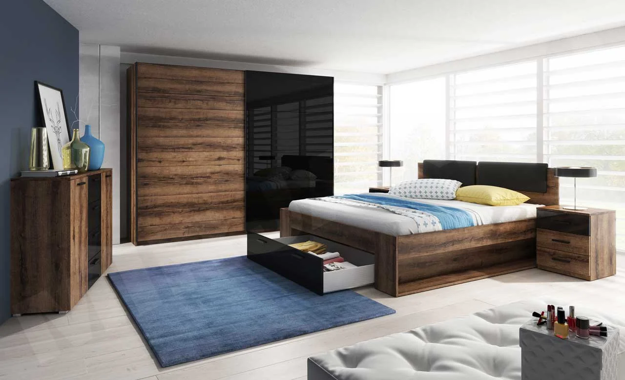 Schlafzimmer Set 5 tlg DANTOS inkl.Doppelbett 140cm und Schrank 220cm - Fun Moebel