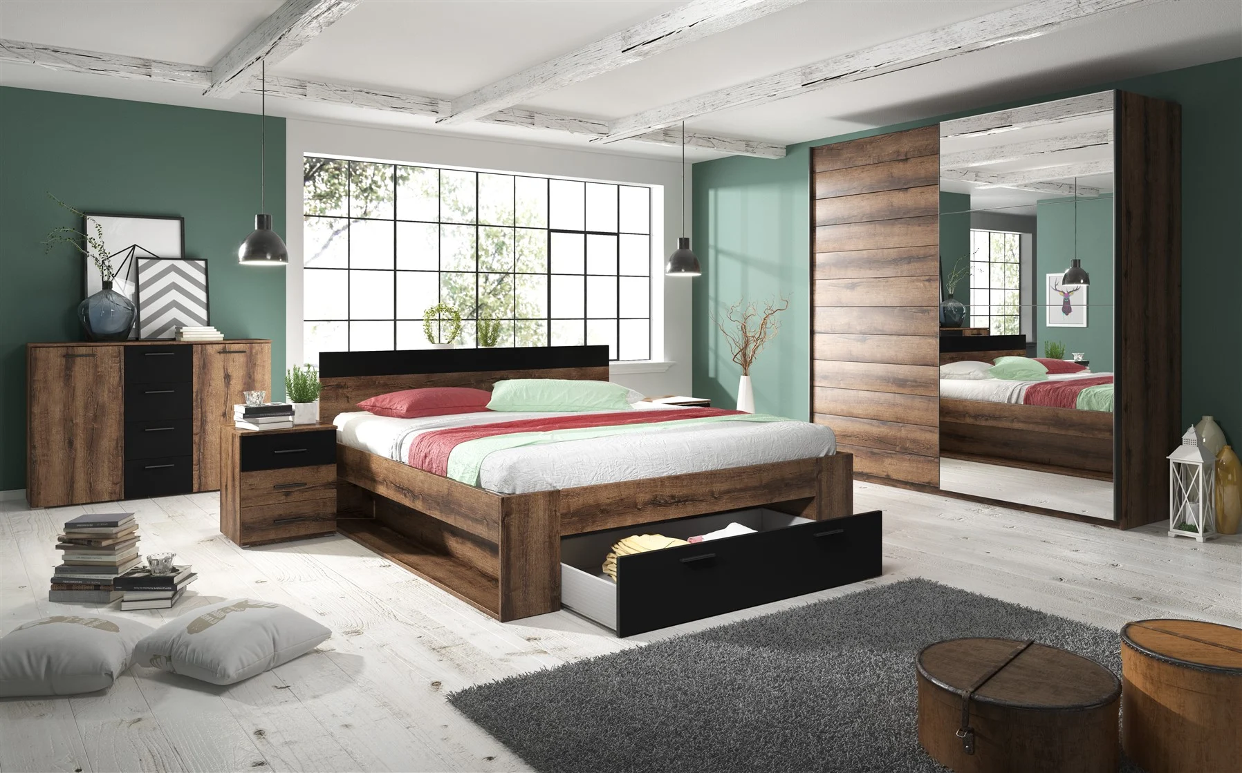 Schlafzimmer Set 5 tlg ASKJA inkl.Doppelbett 160cm und Schrank 180cm - Fun Moebel