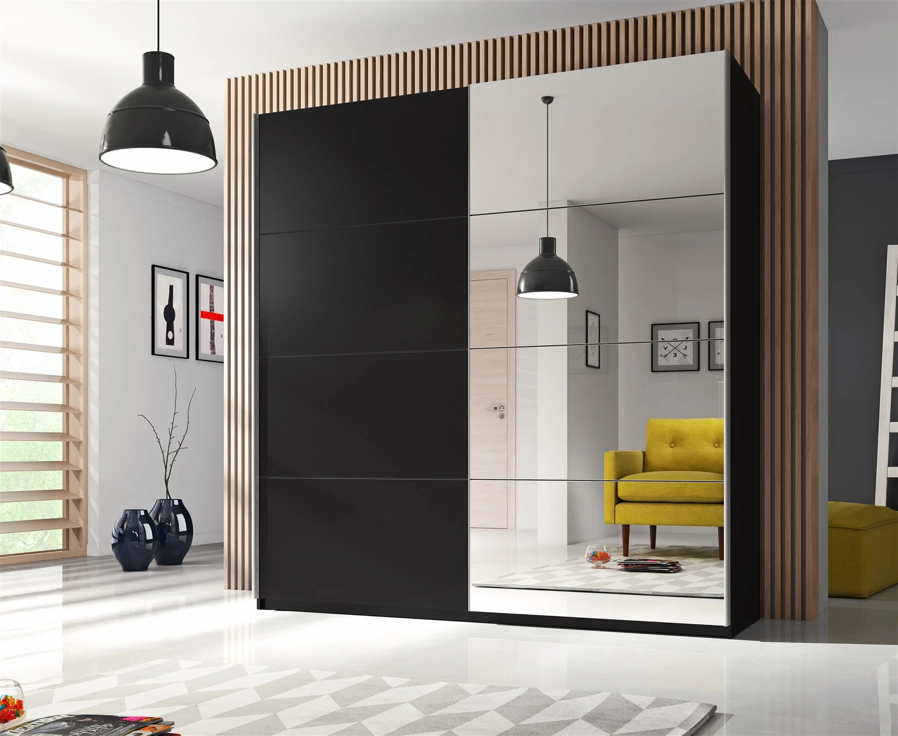 Schiebetürenschrank Schrank EMBLA Schwarz matt 200x210 cm - Fun Moebel