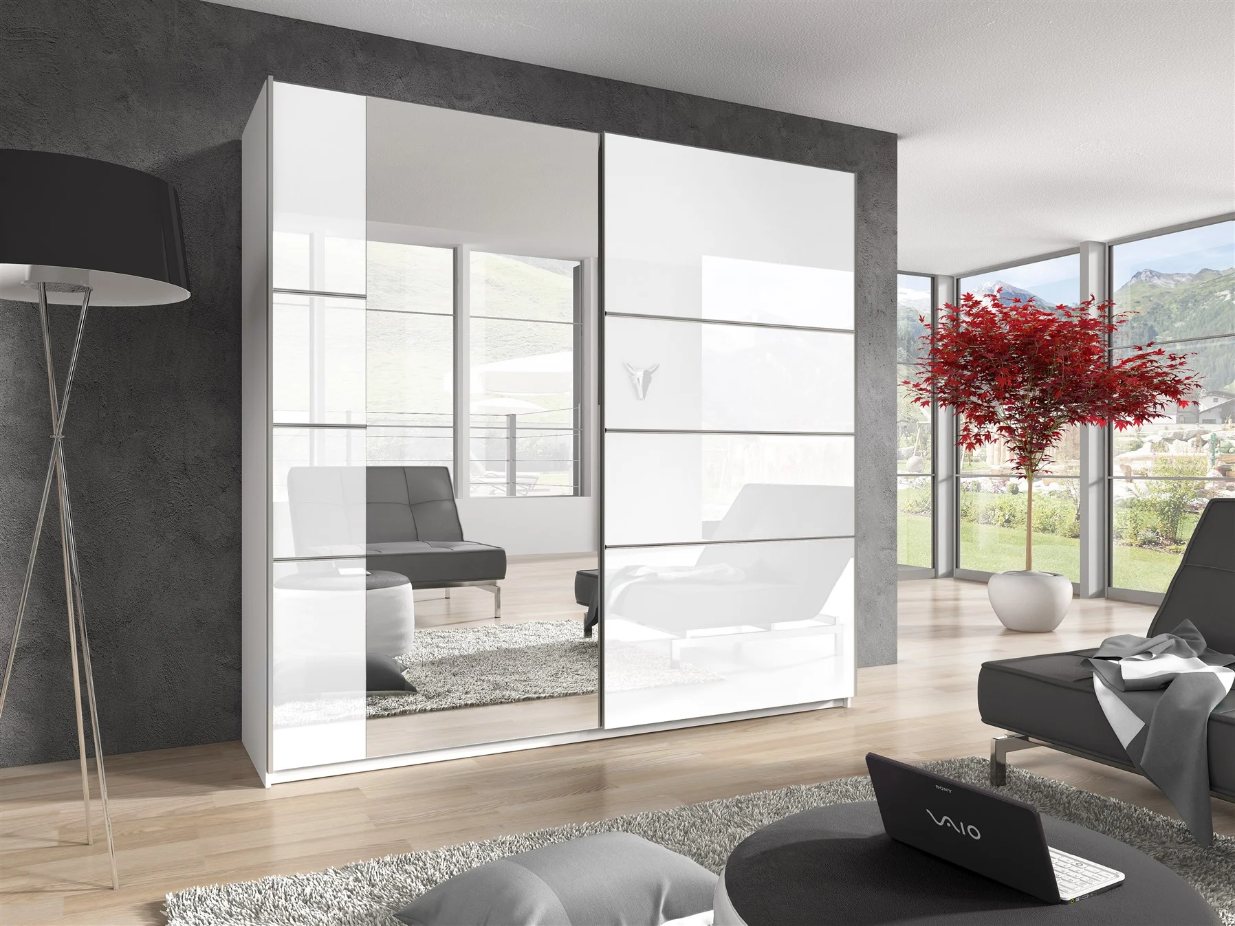 Schiebetürenschrank Schrank SKADI Weiss Hochglanz 180x210 cm - Fun Moebel