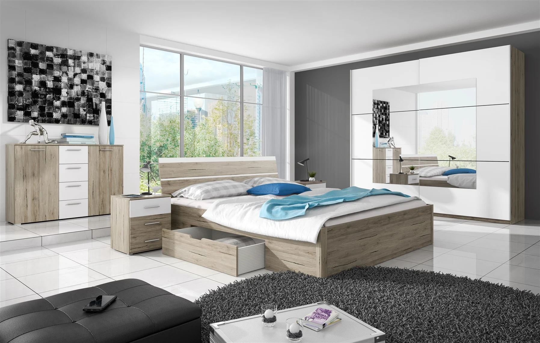 Schlafzimmer Set 5 tlg ALVAR inkl.Doppelbett 160cm und Schrank 180cm - Fun Moebel