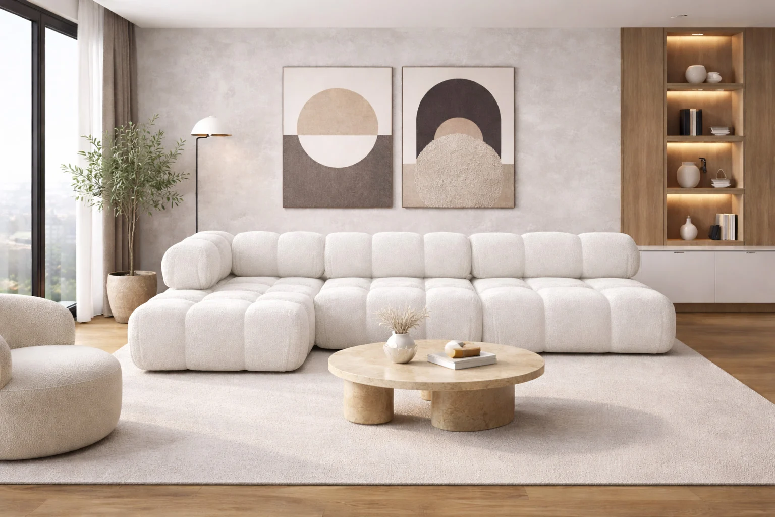 Ecksofa Modulare, L-form, Wohnlandschaft für Wohnzimmer, Bouclé-Stoff Abriamo, Selia