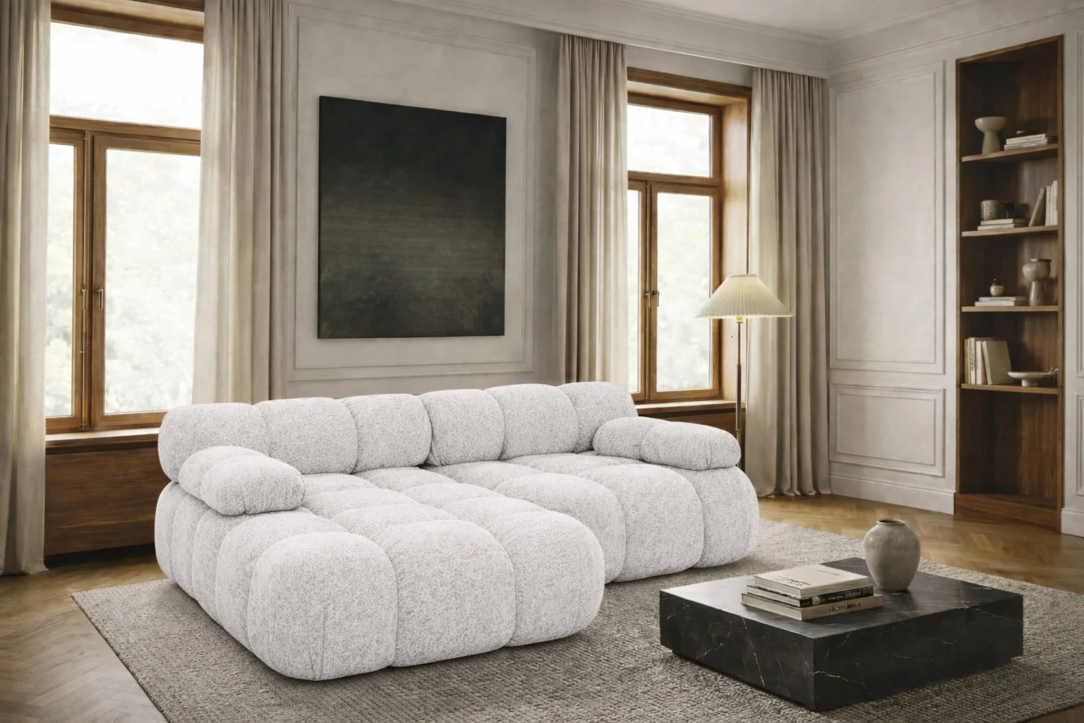 Ecksofa L Mini, modular für Wohnzimmer, Bouclé-Stoff Abriamo, Selia