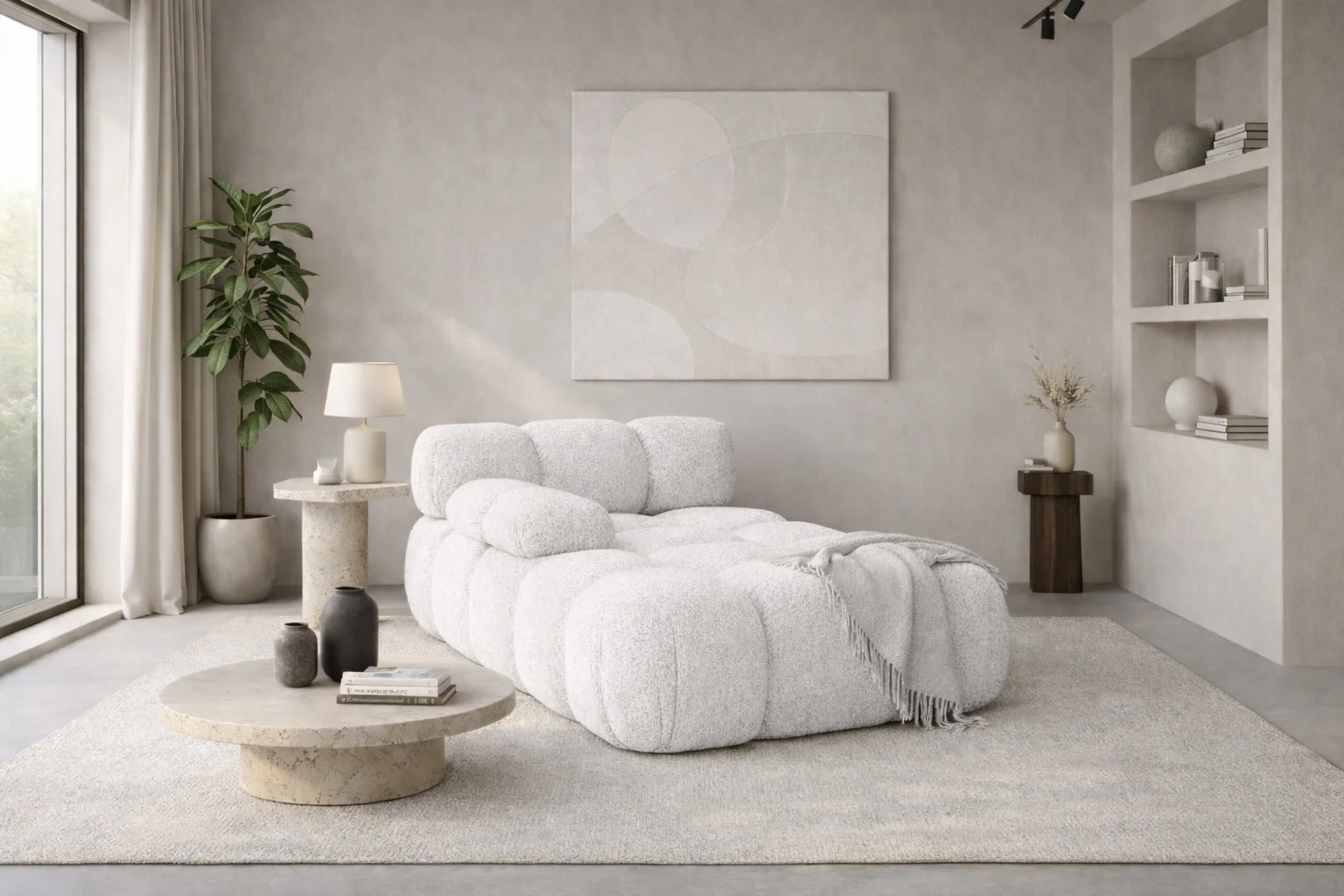 Chaiselongue modular für Wohnzimmer, Bouclé-Stoff Abriamo, Selia
