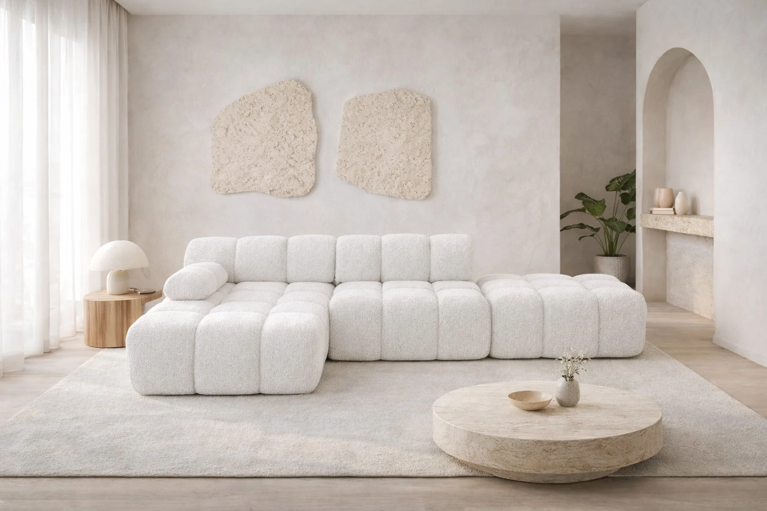 Ecksofa modular mit Hocker, Sofa L-Form, Bouclé-Stoff Abriamo, Selia