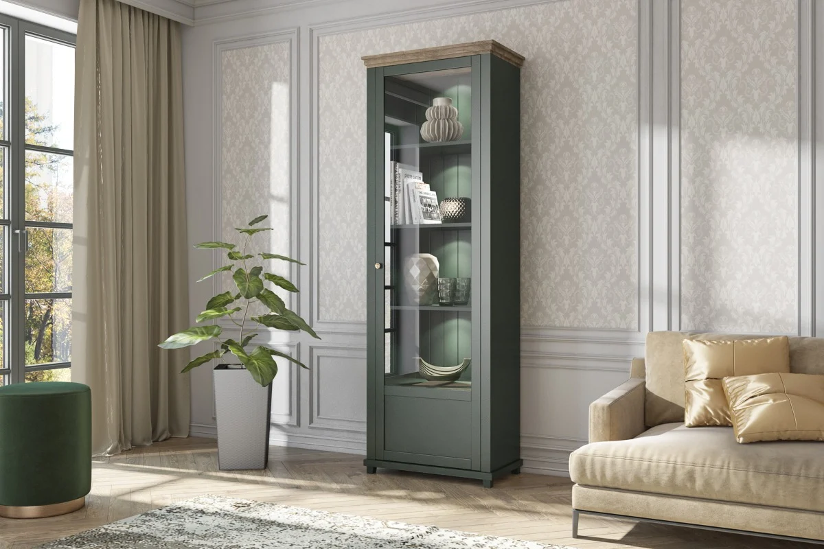 Vitrine HOME 71x200 cm inkl.LED Beleuchtung Grün Eiche Lefkas - Fun Moebel