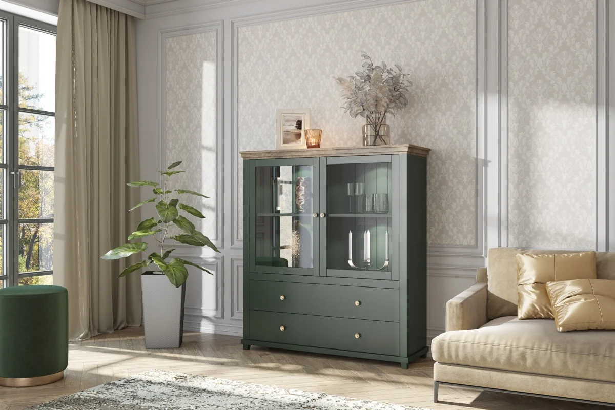 Highboard HOME 126x138 cm inkl.LED Beleuchtung Grün Eiche Lefkas - Fun Moebel