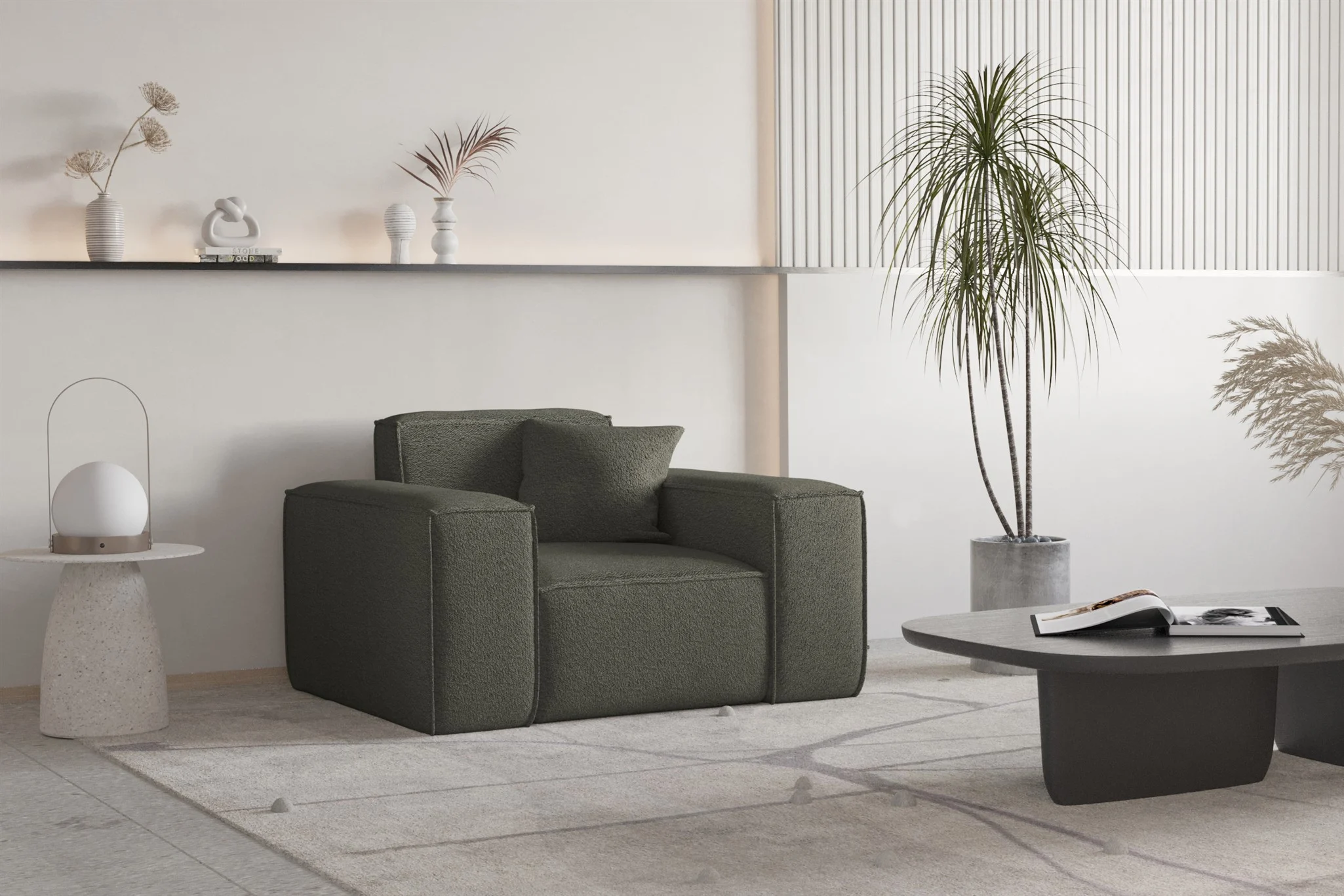 Sessel Designersessel CELES PREMIUM in Stoff Ascot Bukla Moosgrün - Fun Moebel