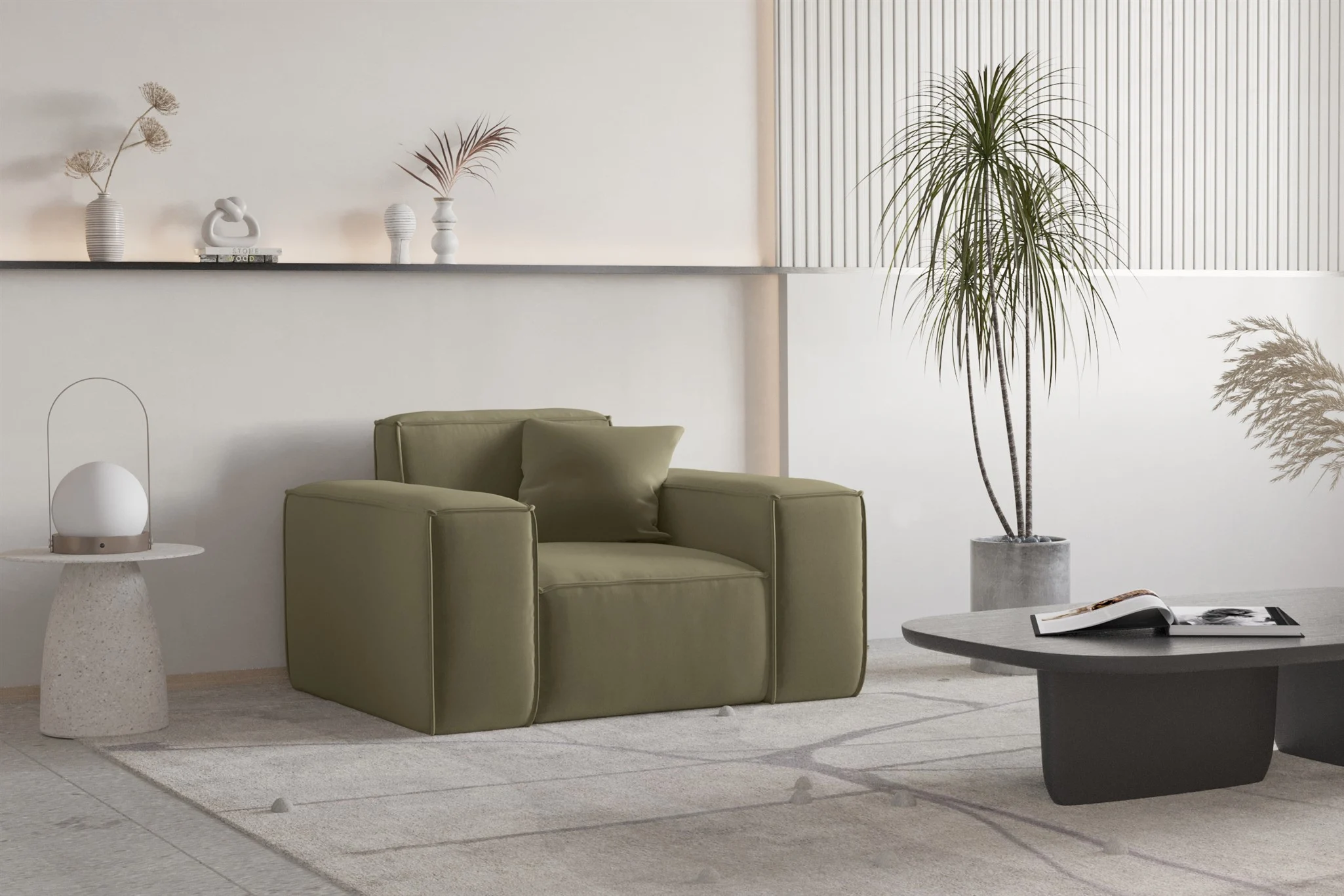 Sessel Designersessel CELES PREMIUM in Stoff Opera Velvet Olivgrün - Fun Moebel