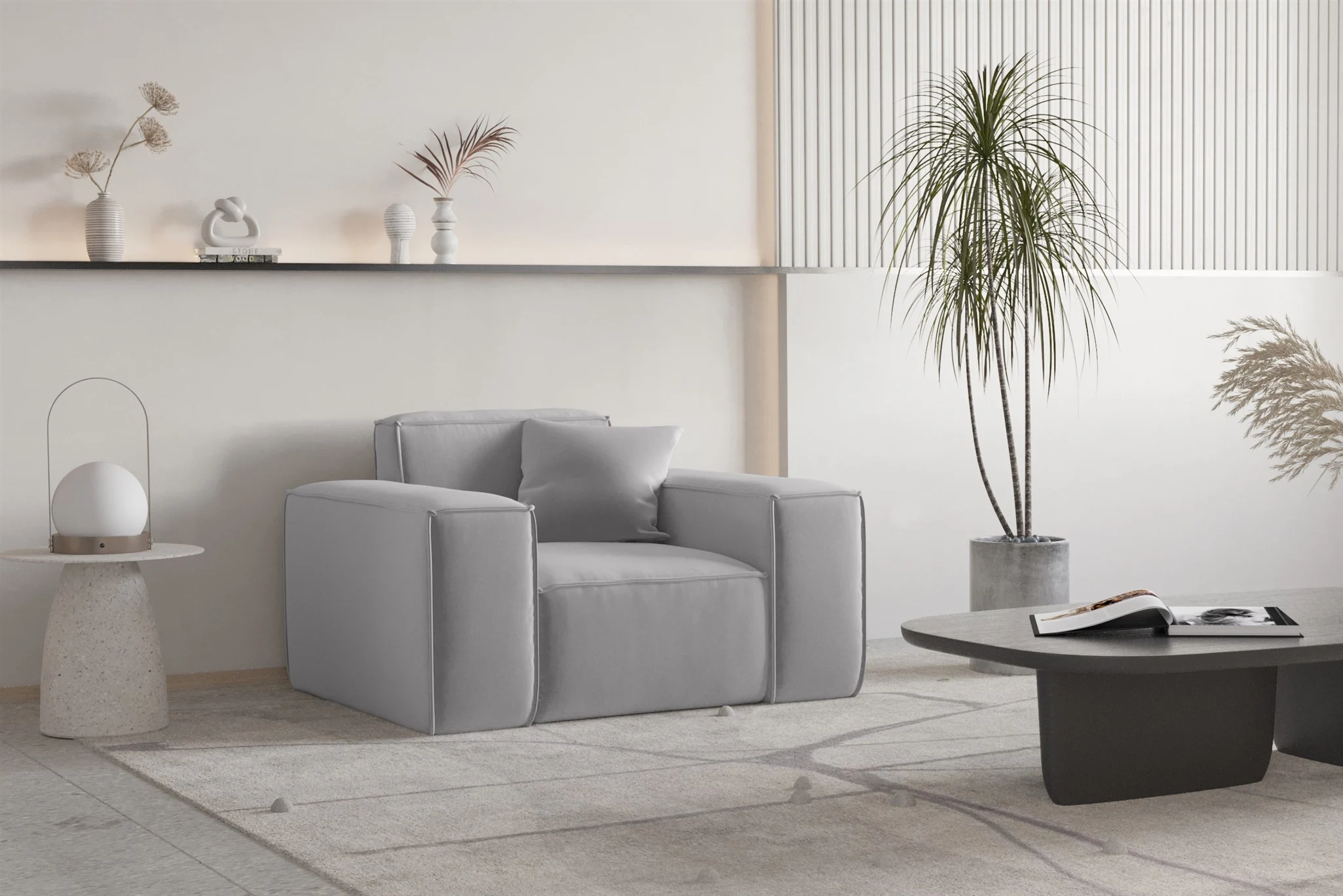 Sessel Designersessel CELES PREMIUM in Stoff Opera Velvet Hellgrau - Fun Moebel