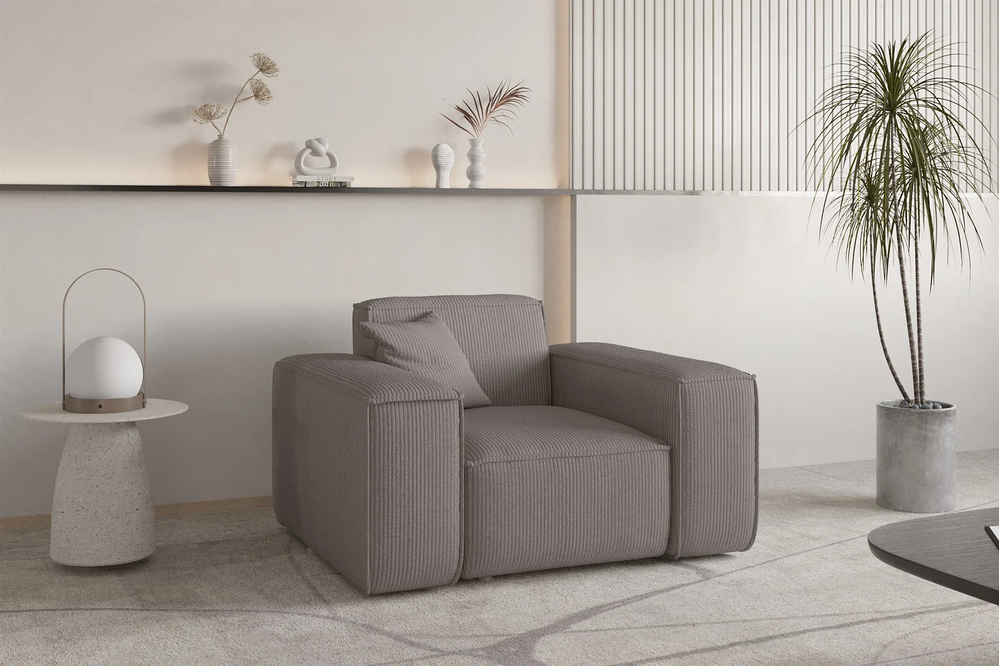 Sessel Designersessel CELES PREMIUM in Stoff Scala Taupe - Fun Möbel