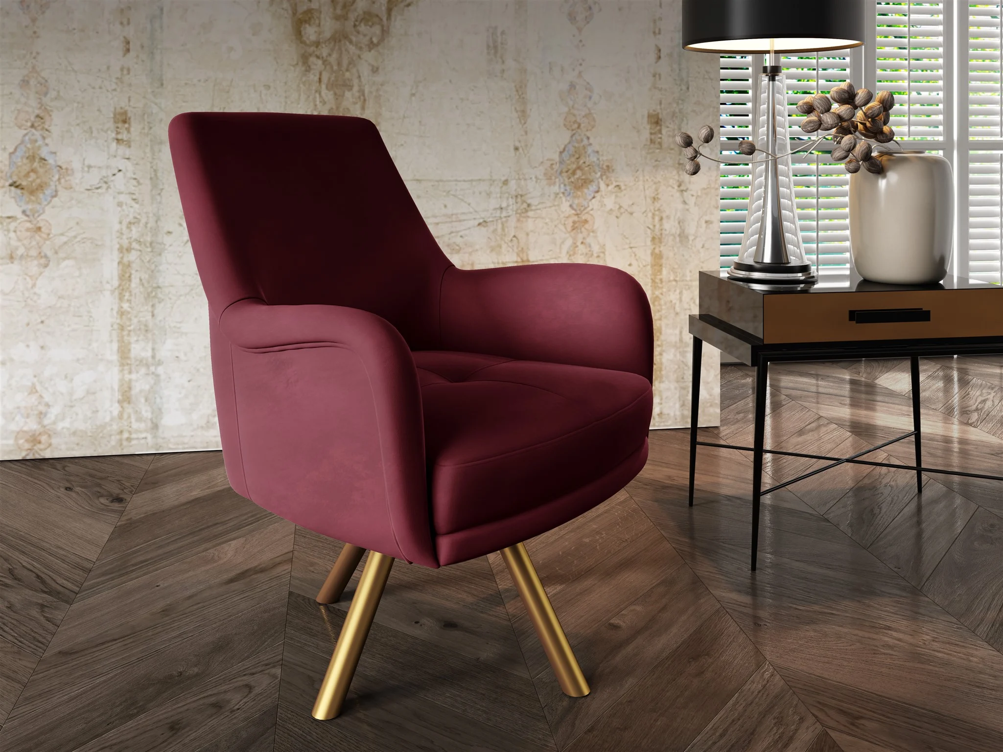 Sessel Drehsessel VALERIE in Stoff Stoff Elisa Velvet Bordeauxrot - Fun Möbel