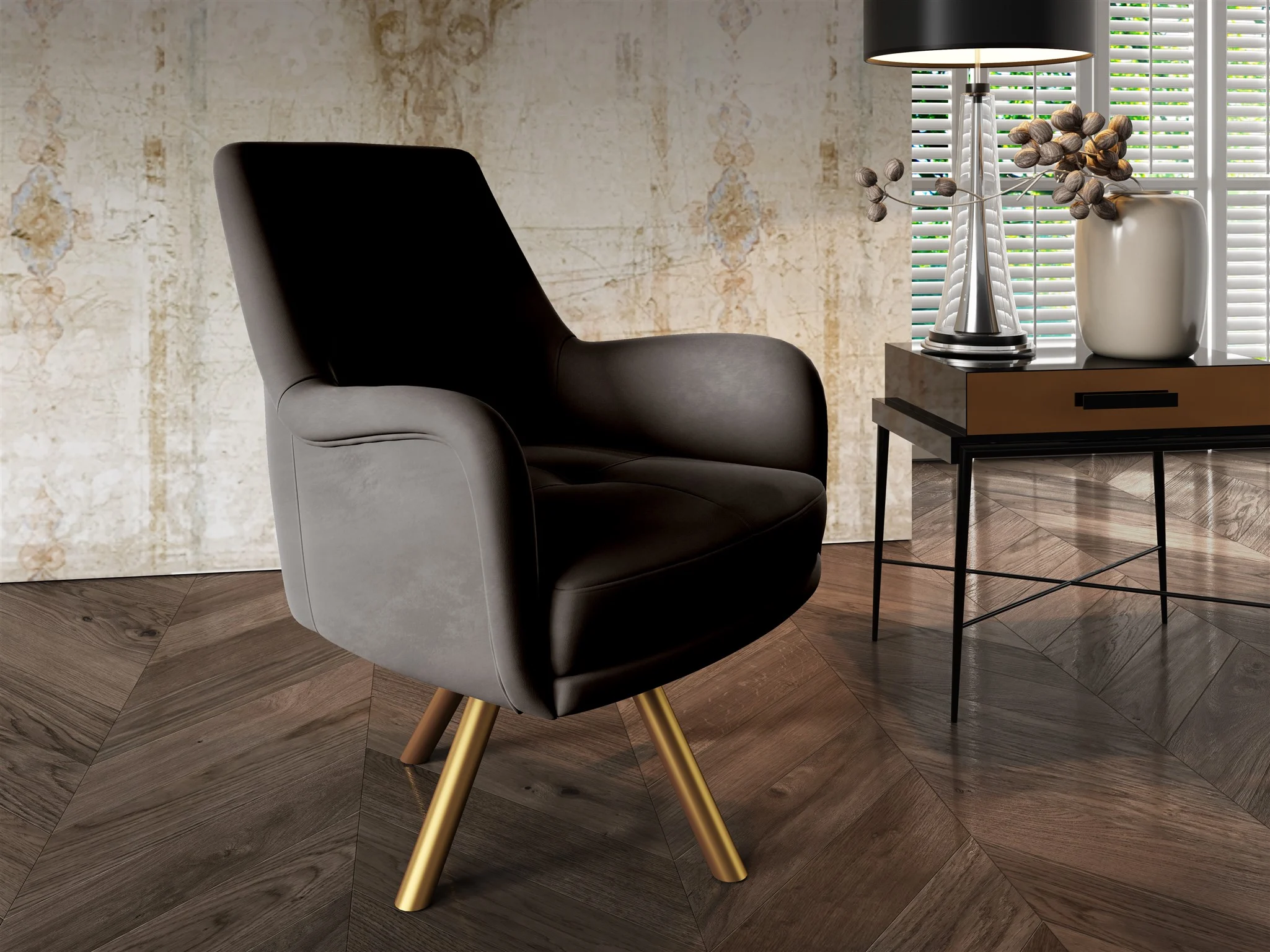 Sessel Drehsessel VALERIE in Stoff Stoff Elisa Velvet Schwarz - Fun Möbel
