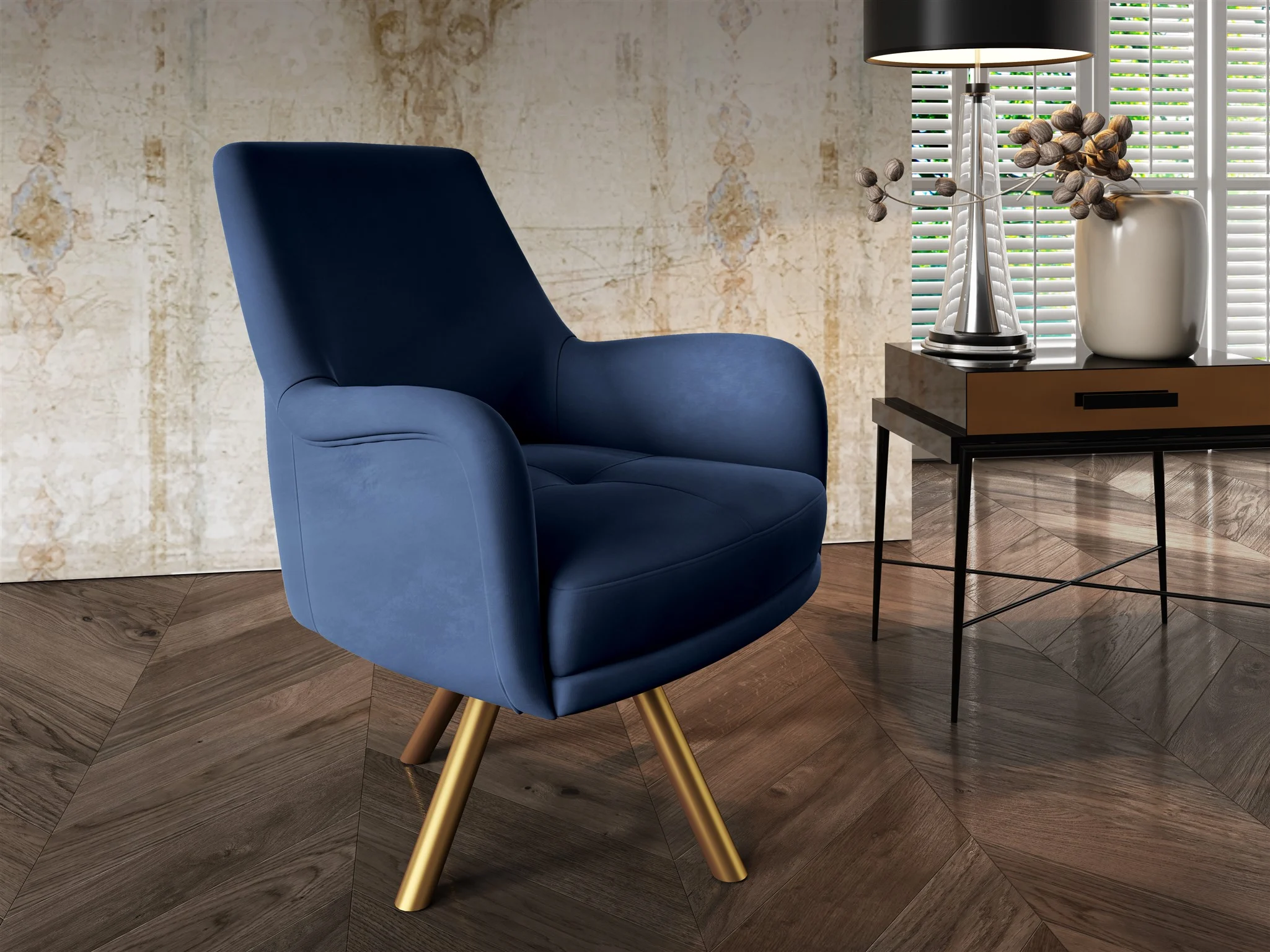 Sessel Drehsessel VALERIE in Stoff Stoff Elisa Velvet Dunkelblau - Fun Möbel
