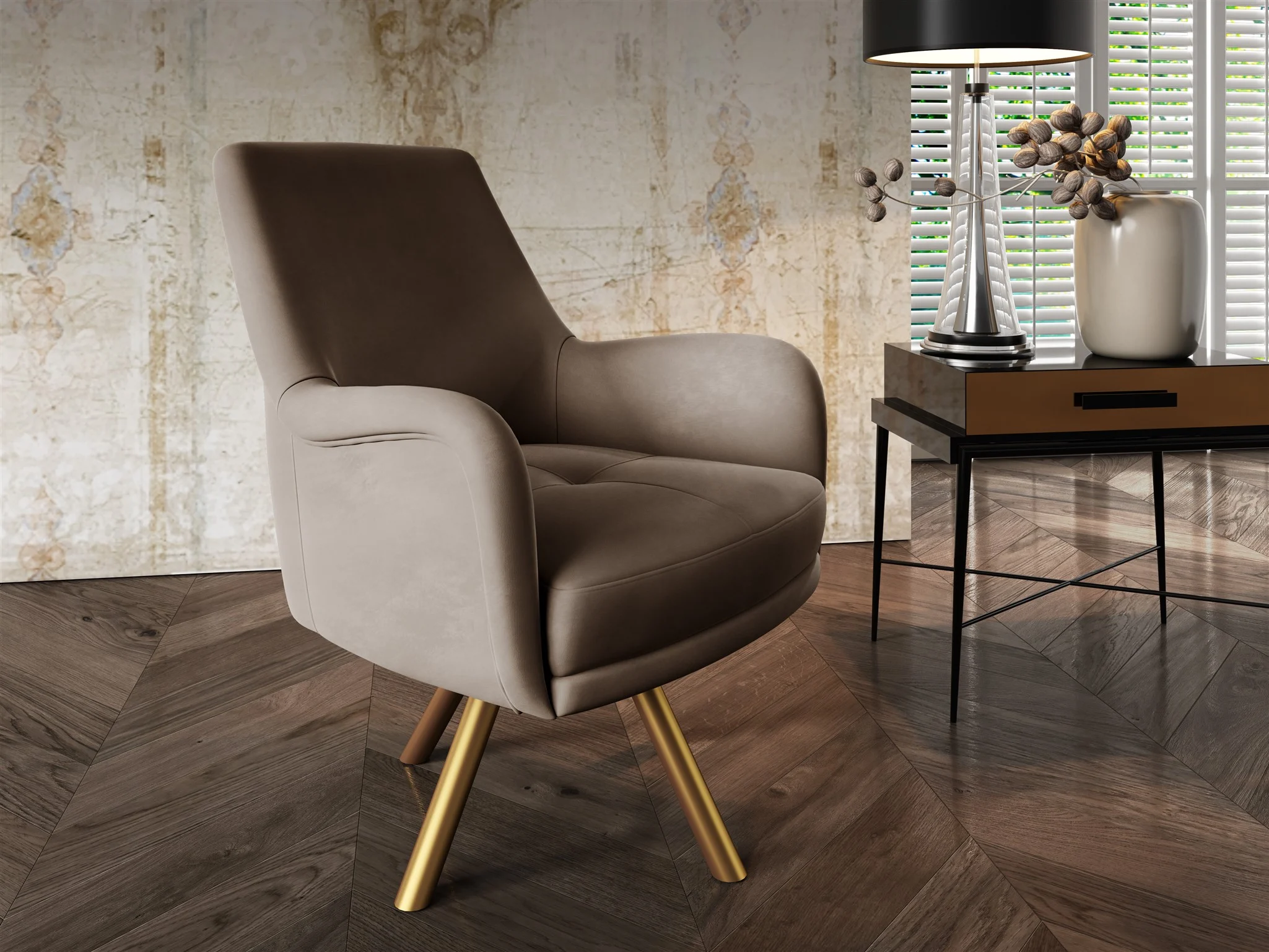 Sessel Drehsessel VALERIE in Stoff Stoff Elisa Velvet Cappuccino - Fun Möbel